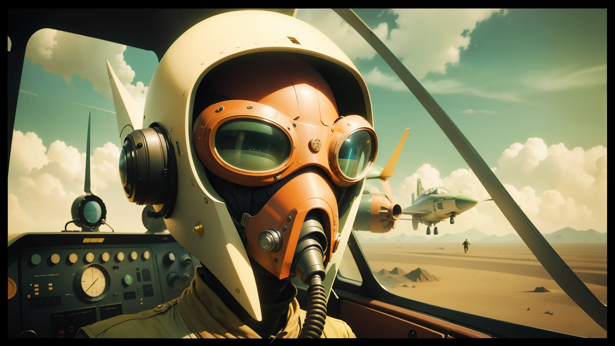 there is a man in a gas mask and goggles in a plane, moebius and android jones, cinematic cgsociety, by Jamie Hewlett, inspired by Storm Thorgerson, speeder, film still from an cartoon, by Vladimír Vašíček, pterosaurs flying, animated, arrakis --ar 16:9 --auto --s2