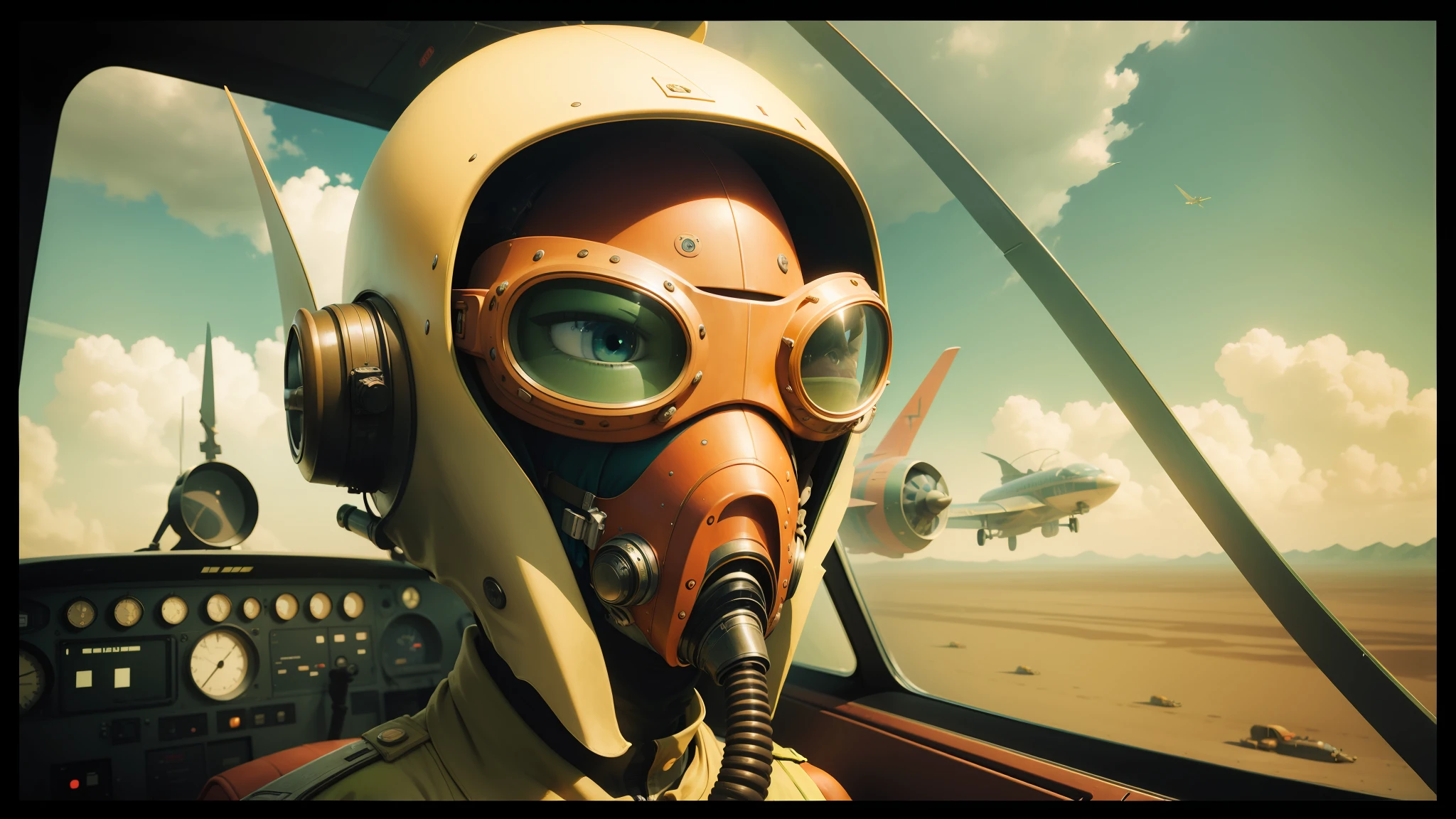there is a man in a gas mask and goggles in a plane, moebius and android jones, cinematic cgsociety, by Jamie Hewlett, inspired by Storm Thorgerson, speeder, film still from an cartoon, by Vladimír Vašíček, pterosaurs flying, animated, arrakis --ar 16:9 --auto --s2