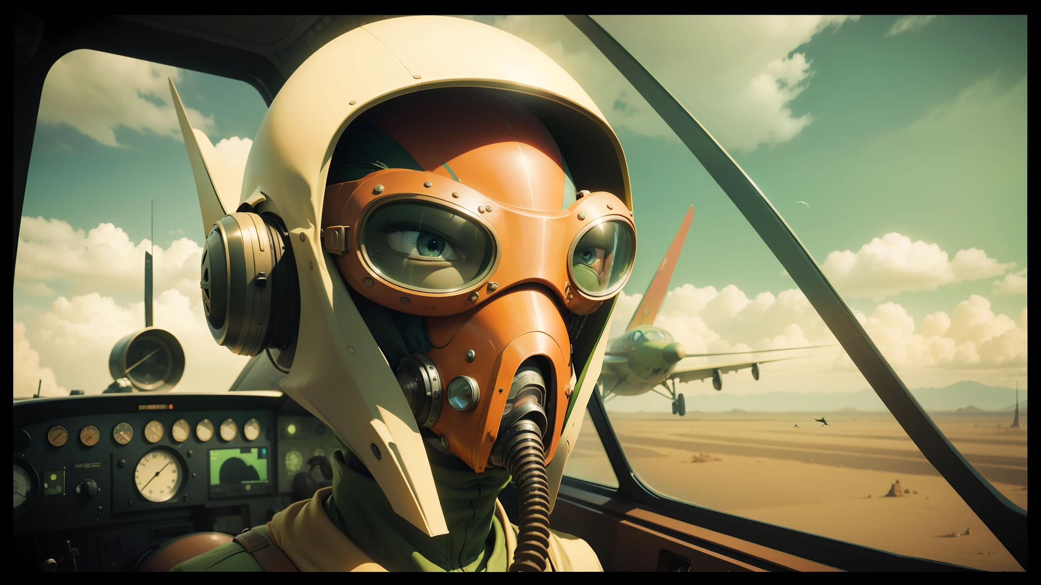 there is a man in a gas mask and goggles in a plane, moebius and android jones, cinematic cgsociety, by Jamie Hewlett, inspired by Storm Thorgerson, speeder, film still from an cartoon, by Vladimír Vašíček, pterosaurs flying, animated, arrakis --ar 16:9 --auto --s2