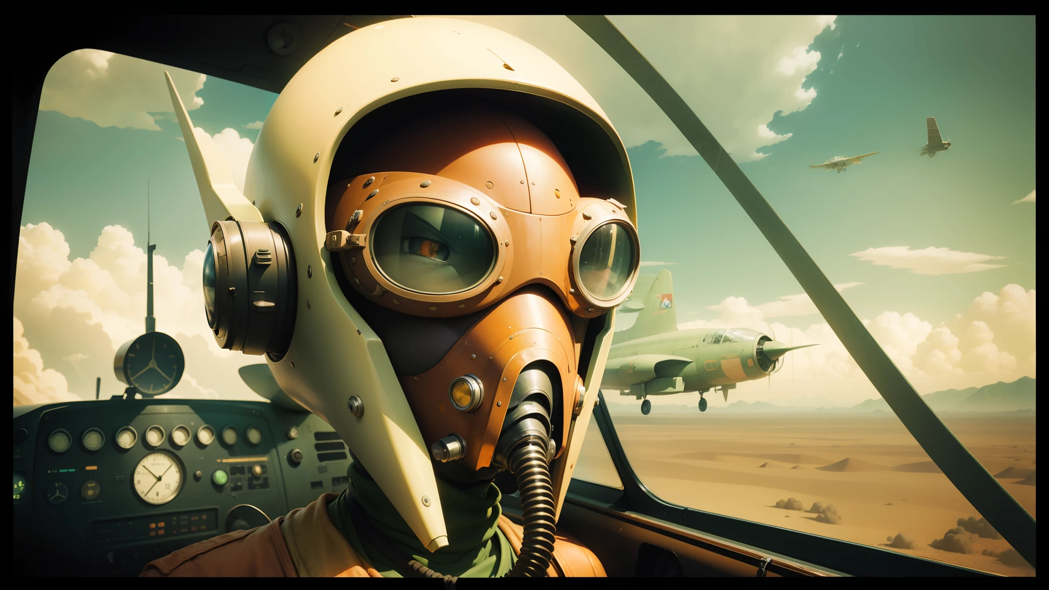 there is a man in a gas mask and goggles in a plane, moebius and android jones, cinematic cgsociety, by Jamie Hewlett, inspired by Storm Thorgerson, speeder, film still from an cartoon, by Vladimír Vašíček, pterosaurs flying, animated, arrakis --ar 16:9 --auto --s2