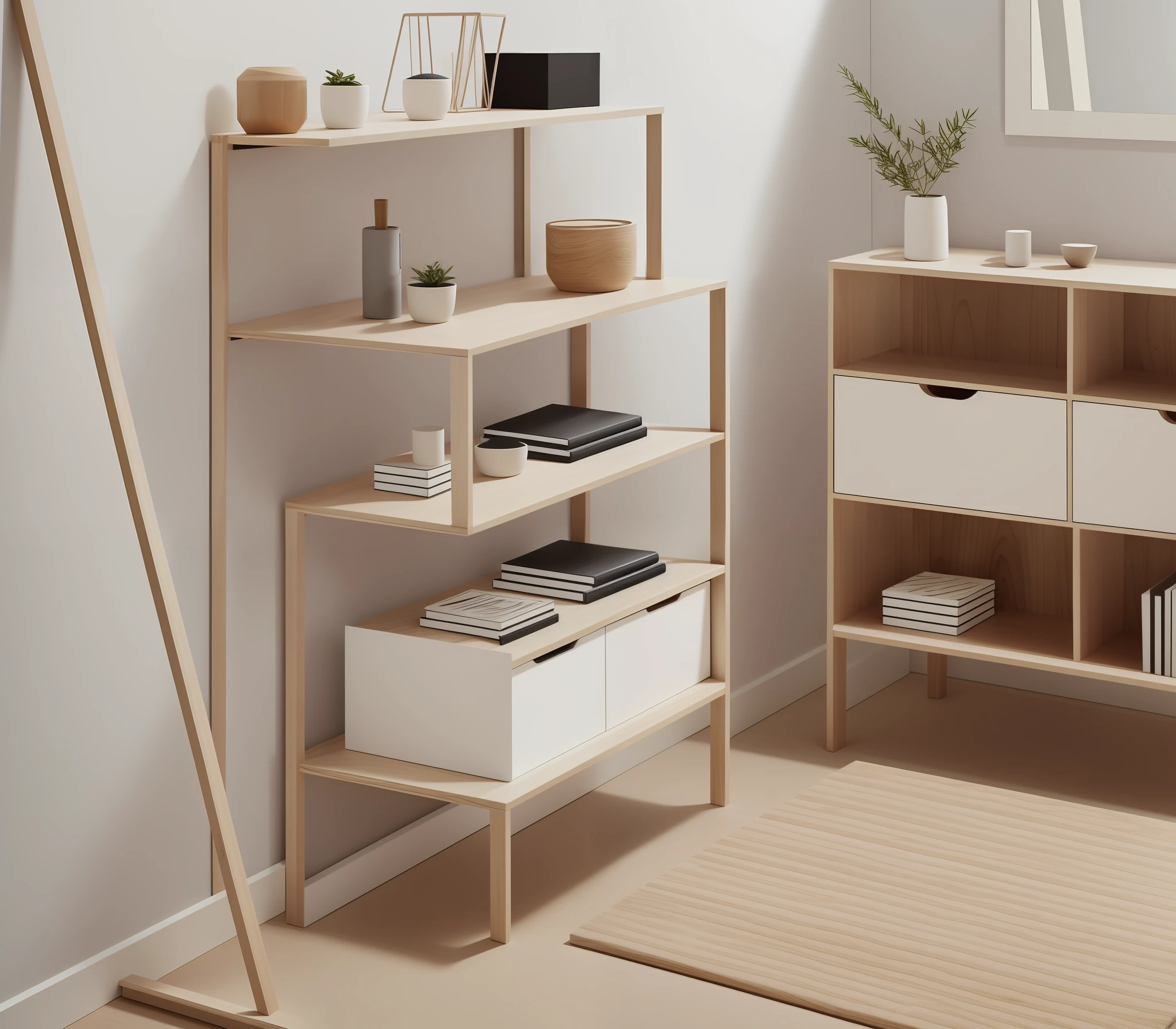 Create images like Wouddesign, Hay, Muuto, Karimokunewstandard, Nendo, inspired unique non-ordinary furnitures, shelves, lightcabinet, clothes hanger made of wood, each images contains 8 designs, must be unique, design that never seen at anywhere, non-ordinaly, unusual designs, best unique designs