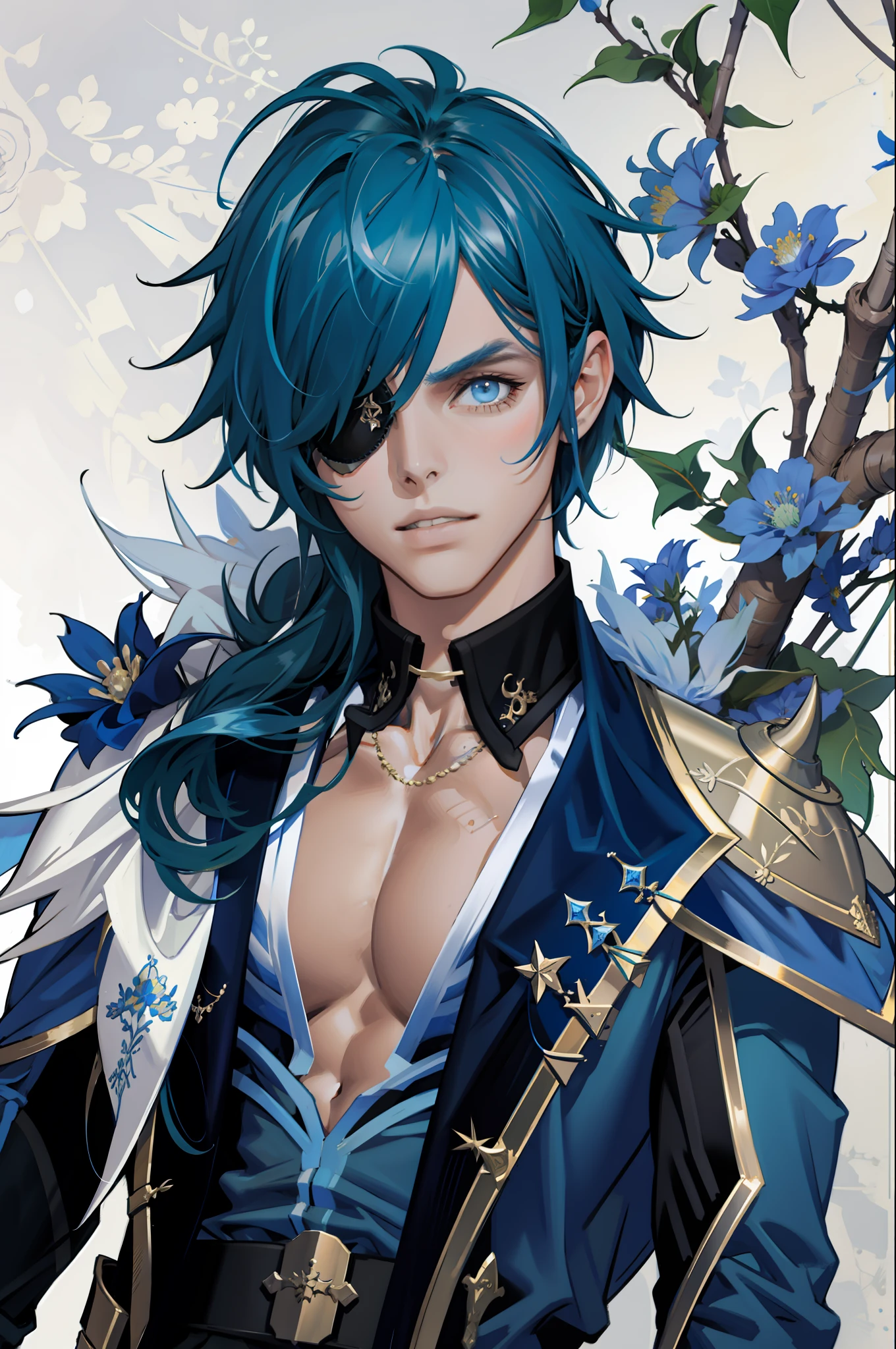 (masterpiece, best quality), 1 male, mature, aged up:1.4, tall muscular guy, broad shoulders, finely detailed eyes and detailed face, extremely detailed CG unity 8k wallpaper, intricate details, Fantasy, blue hair, eyepatch on right eye, blue flowers background