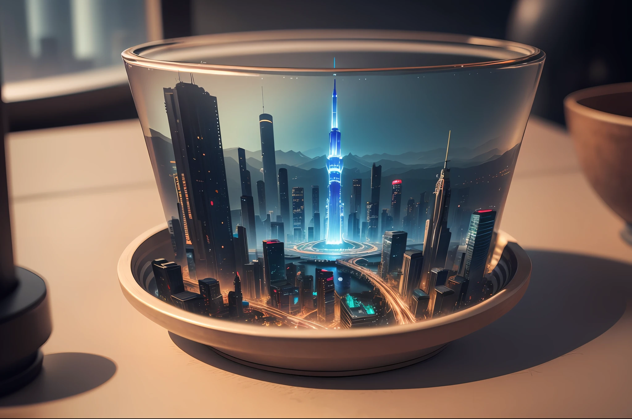 mini\(ttp\), (8k, RAW photo, best quality, masterpiece:1.2), cyberpunk city, isometric, miniature, landscape, glass bowl, space shuttle