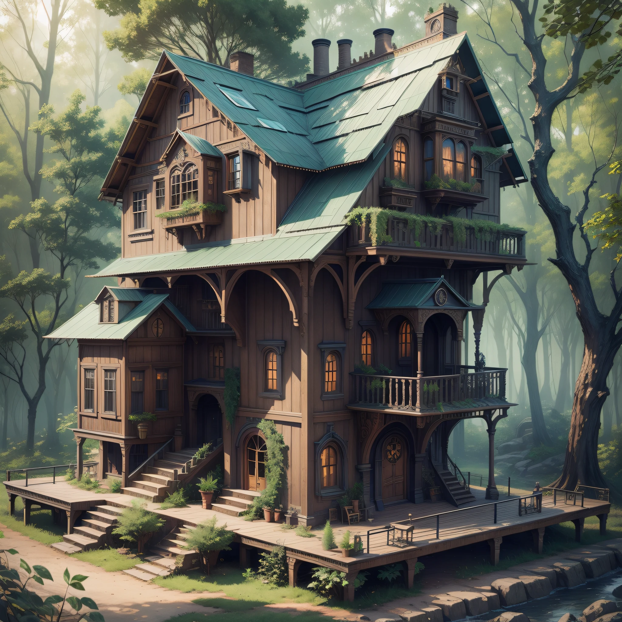 Steampunk house in metal forest