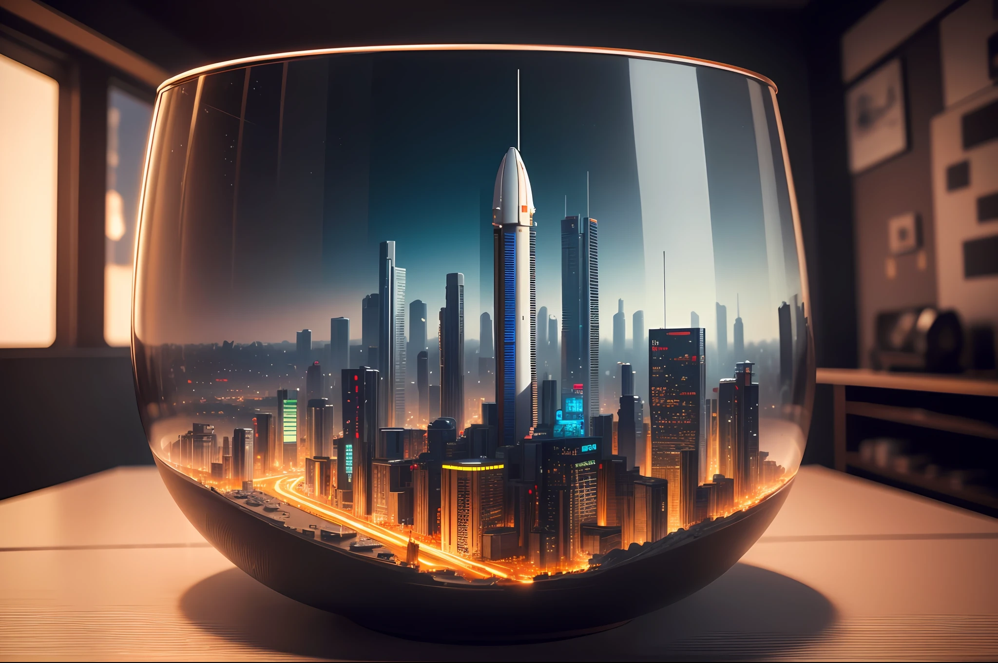 mini\(ttp\), (8k, RAW photo, best quality, masterpiece:1.2), cyberpunk city, isometric, miniature, landscape, glass bowl, space shuttle