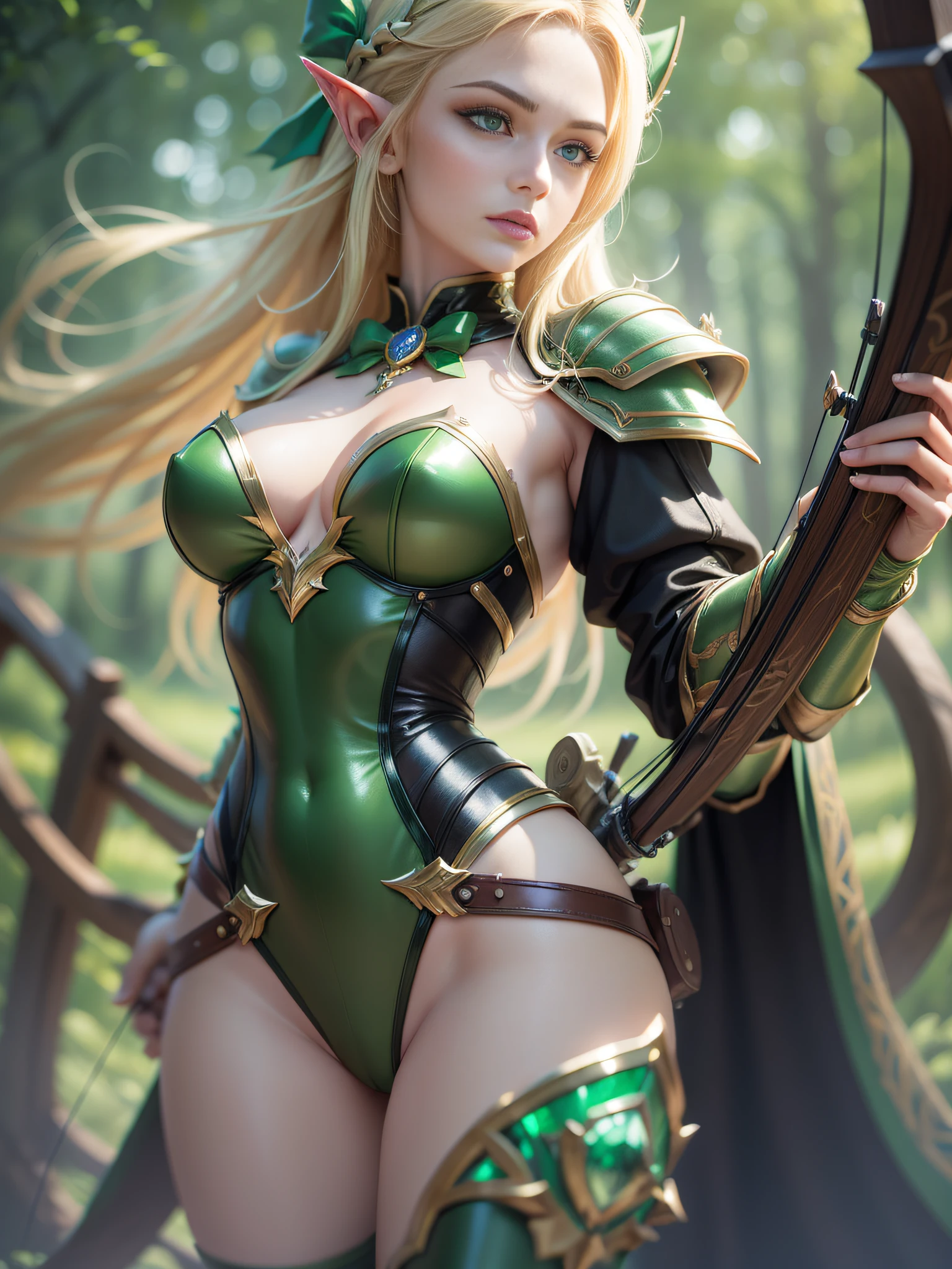 Female lyre 16 years, elf with green eyes like emeralds, blonde hair, beautiful, armor all over leather body, bow and arrow, elven leather armor, magician., Conceptual art, high detail, drop shadow, cinematic lighting, motion blur, Hasselblad, diffraction spikes, Ultra-Wide Angle, UHD, masterpiece, anatomically correct, super detail, 1080P, 8k