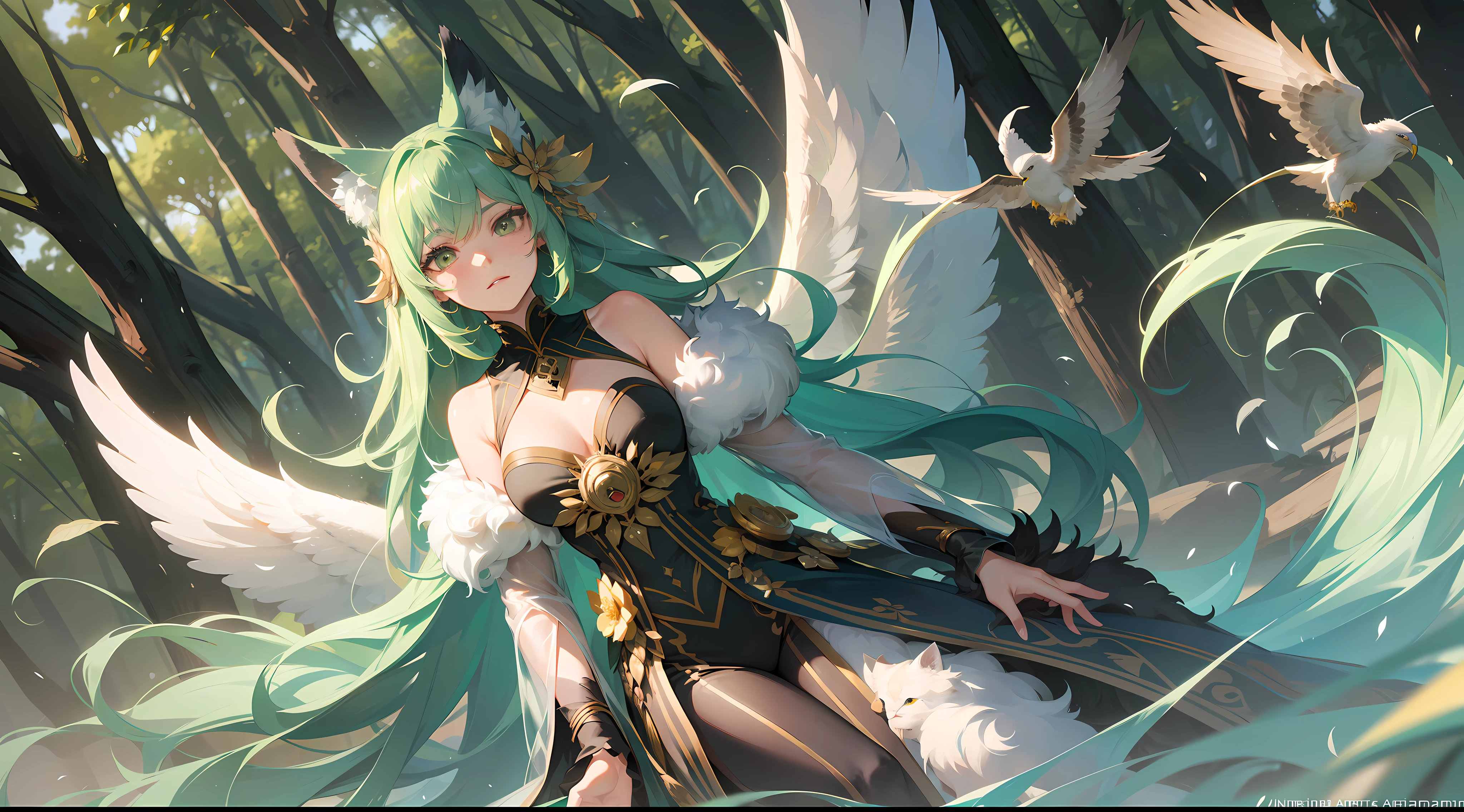 The Splash Art of Seraphina, the Metamorphic Shaman, is a fascinating and detailed depiction of the champion and her transformation abilities. The scene depicts Seraphina in a mystical clearing, shrouded in natural energy and surrounded by a variety of wild animals.

Seraphina is portrayed as a young woman, with long, flowing hair that varies between shades of brown and green, in perfect harmony with the nature around her. His eyes shine with an intense brightness and a deep connection to the animal world. She wears costumes made of natural furs and fabrics, adorned with mystical symbols and colorful feathers, representing her connection to the animal kingdom.

Seraphina's position at Splash Art is elegant and powerful. Her arms are extended to her sides, and from the tip of each finger comes a shimmering energy, representing the transformations she is able to accomplish. Their limbs are shrouded in ethereal lights that resemble the aura of different animals. Each limb is transformed into a different animal, demonstrating Seraphina's unique ability. For example, one hand turns into an eagle's claw, while another turns into a wolf's paw.

Around Seraphina, animals of different species are present, watching her with curiosity and respect. Wolves, owls, eagles, felines and other wildlife surround the clearing, forming a kind of retinue around the champion. Each animal has a unique expression and impressive details, showing its individuality and personality.

Splash Art's lighting is composed of shades of green and gold, evoking Seraphina's magical and natural aura. The clearing is bathed in a soft and diffuse light that penetrates between the foliage of the trees, creating an enchanted environment full of mystery, splashart, body lines, vibrant colors, exquisite details, cinematic, artstation, detailed face, by rossdraws, by Kienan Lafferty