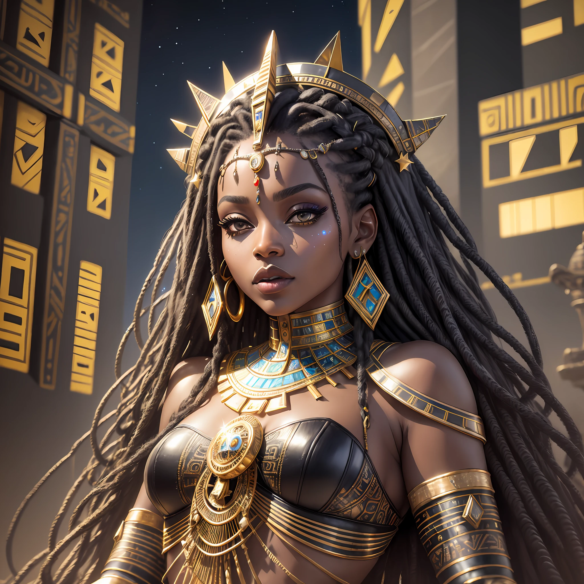 Realistic skin, (((masterpiece)))), realistic clothes, black and silver clothing, lips, eyes, face up close, African queen, 30 years, futuristic egyptian clothes, pyramids with neon, night listen, realistic sky, stars, woman with dreads, gold, jewelry, sitting on a throne full of jewels