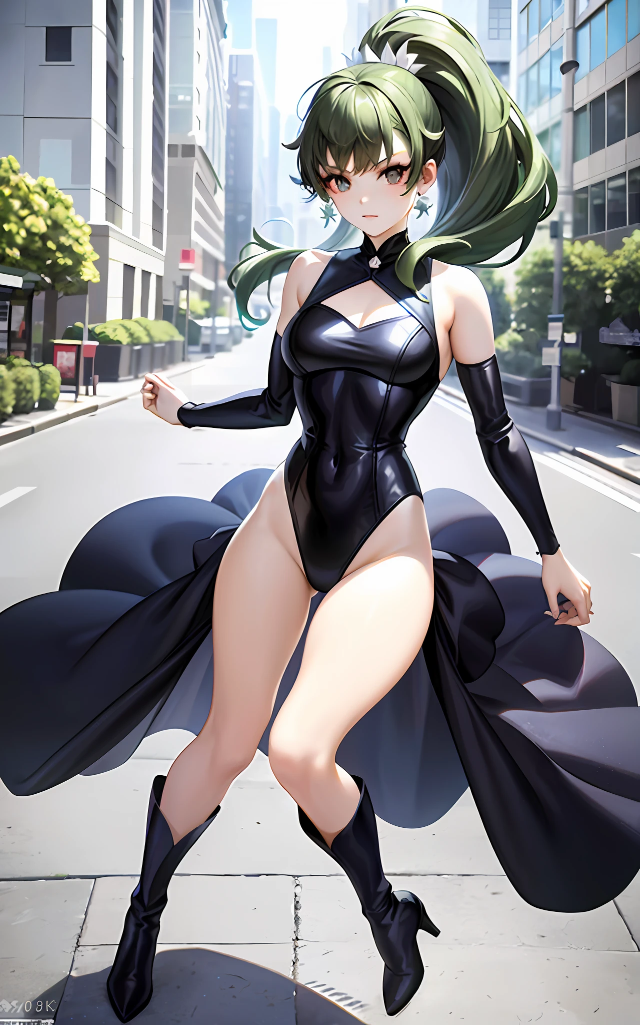 Masterpiece, top quality, Iori Fuyusaka 1, 1 girl, solo, (transparent bodysuit), hair flowers, hair ornaments, (exposed shoulders and thighs), (with big, exposed abdomen, stunning lower body, long high ponytail hair, full body, green hair, long boots, gray eyes, looking at the viewer, highly detailed urban background, (ulzzang-6500: 0.8)