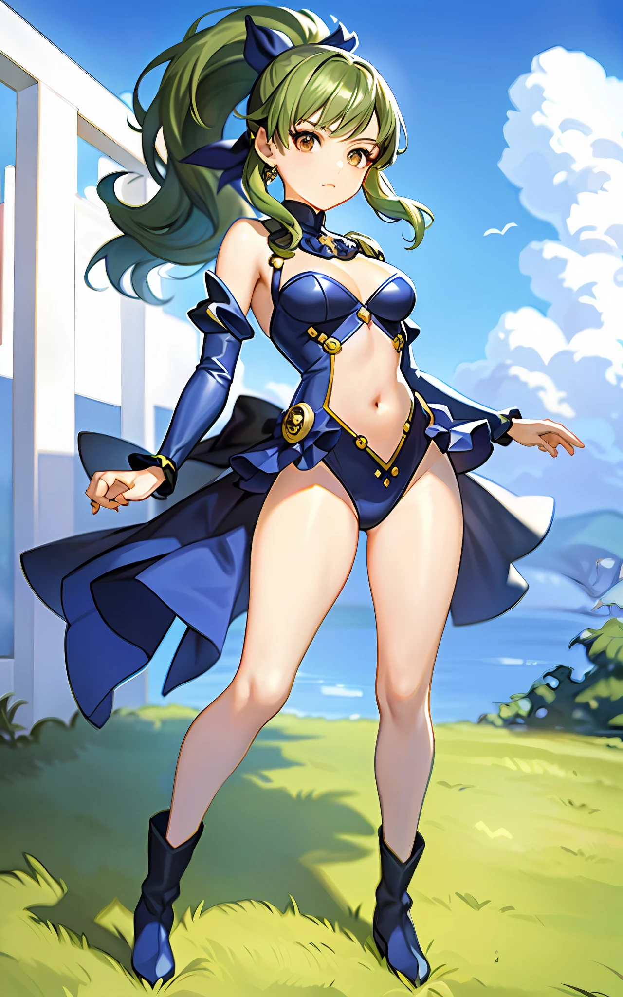 Masterpiece, top quality, Iori Fuyusaka 1, 1 girl, solo, (transparent bodysuit), hair flowers, hair ornaments, (exposed shoulders and thighs), (with big, exposed abdomen, stunning lower body, long high ponytail hair, full body, green hair, long boots, gray eyes, looking at the viewer, highly detailed urban background, (ulzzang-6500: 0.8)