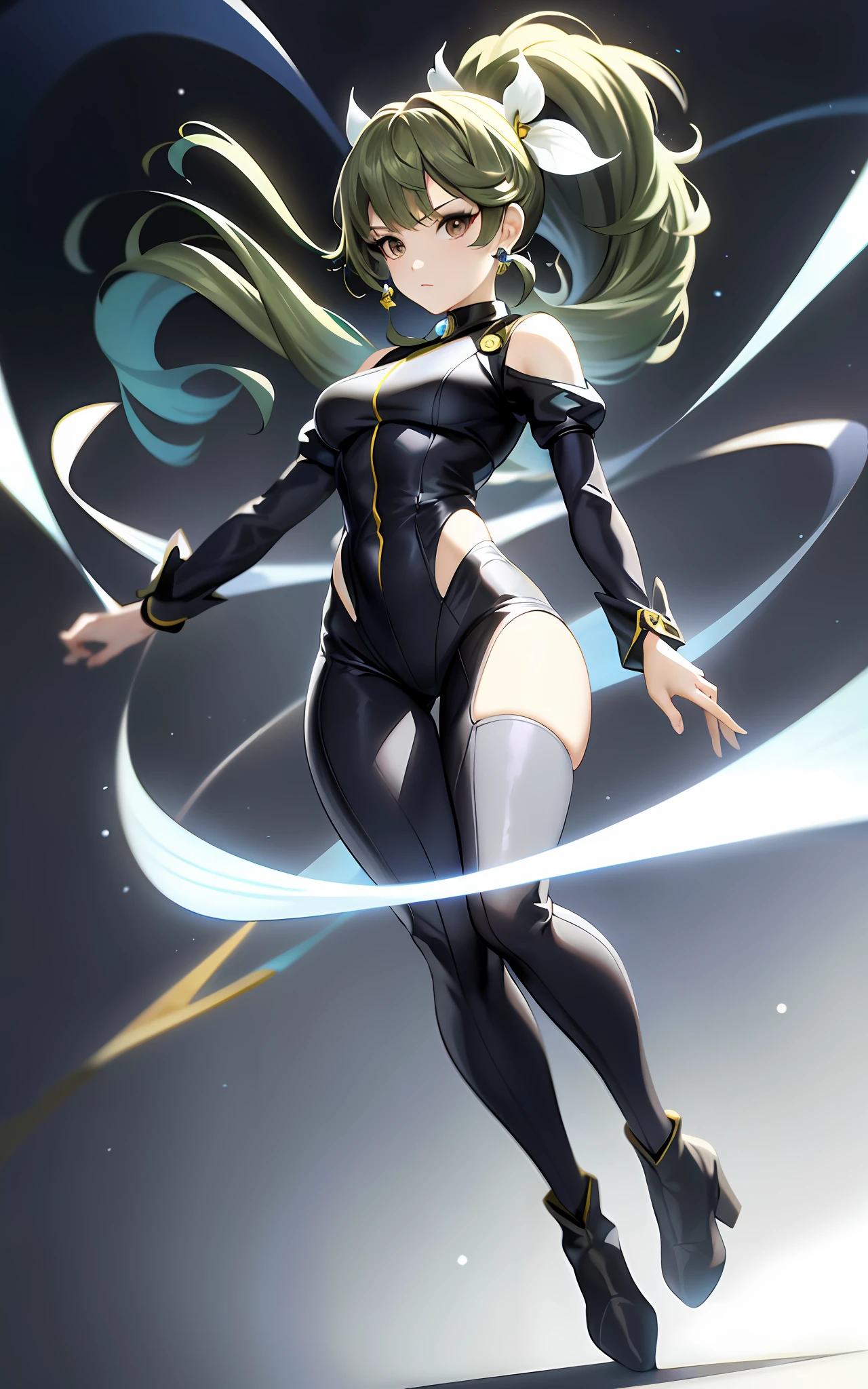 Masterpiece, top quality, Iori Fuyusaka 1, 1 girl, solo, (transparent bodysuit), hair flowers, hair ornaments, (exposed shoulders and thighs), (with big, exposed abdomen, stunning lower body, long high ponytail hair, full body, green hair, long boots, gray eyes, looking at the viewer, highly detailed urban background, (ulzzang-6500: 0.8)