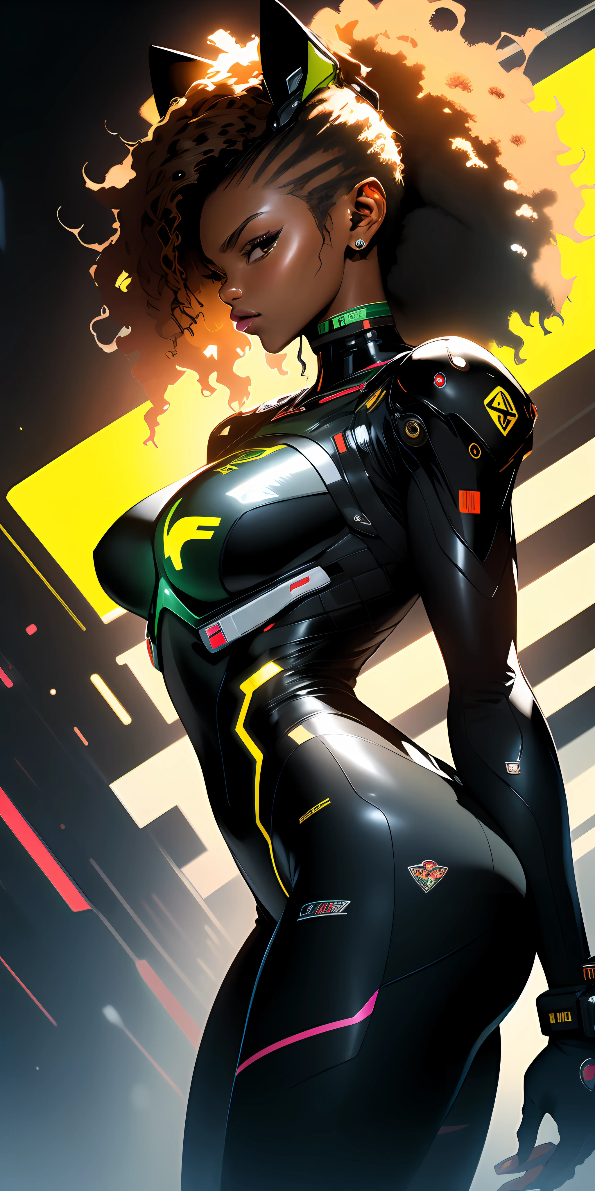 ((Best quality)), ((masterpiece)), (detailed: 1.4), (Absurd), Fighter pilot black woman ready for war, very fleshy mouth, back, perfect ass, muscular sculptural body defined, half thick naked thighs, closed mouth, very tanned and shiny skin, only in panties, muscular body covered by technological clothing, Neon Genesis Evangelion style, cyberpunk, generous neckline, ((perfect large breasts)), (brown eyes without pupils), ((black, dark green and yellow clothing)), (((clothing based on the South Africa flag)))), (((full afro hair))), ((leopard pattern on the arms)), long eyelashes, short underwear, garter belt, skin glove and leopard claws, by mucha, niji --V5, close to real, psychopathic, crazy face, sexy pose, background with a giant Gundam-style robot head, 2 piece clothing, shoulder pads, airplane wings on the back, pastel, centered, scale to fit dimensions, HDR (High Dynamic Range),Ray Tracing,NVIDIA RTX,Super-Resolution,Unreal 5,Subsurface dispersion, PBR texture, Post-processing, Anisotropic filtering, Depth of field, Maximum clarity and sharpness, Multilayer textures, Albedo and specular maps, Surface shading, Accurate simulation of light-material interaction, Perfect proportions, Octane Render, Two-tone lighting, Wide aperture, Low ISO, White balance, Rule of thirds, 8K RAW, crysisnanosuit