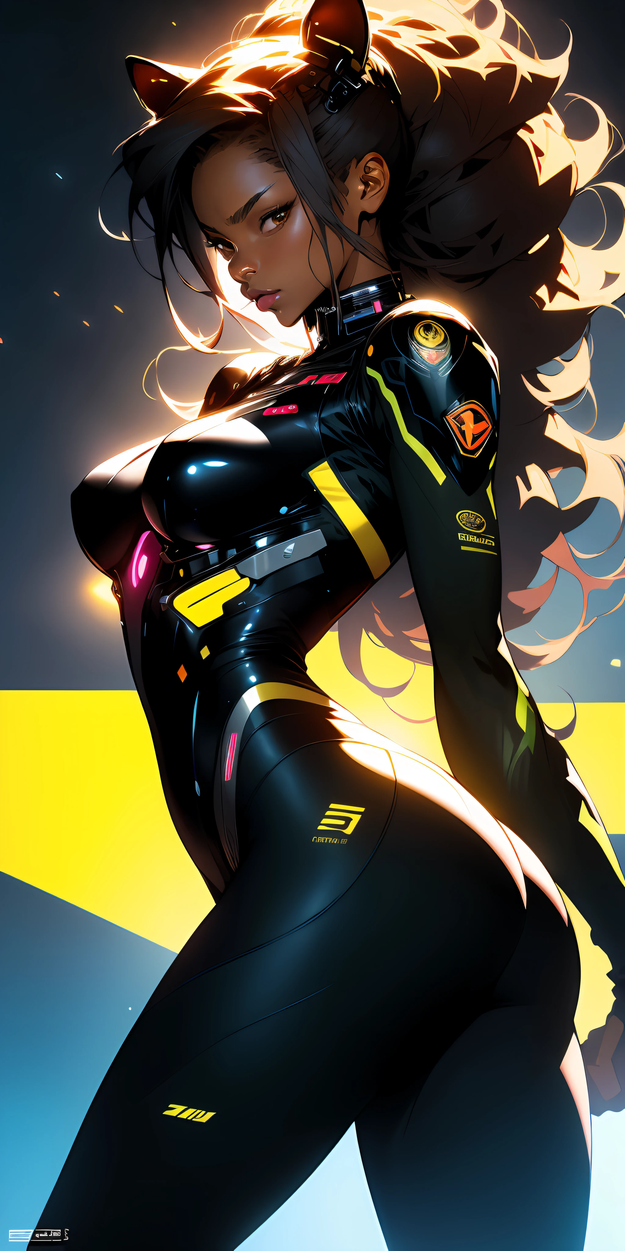 ((Best quality)), ((masterpiece)), (detailed: 1.4), (Absurd), Fighter pilot black woman ready for war, very fleshy mouth, back, perfect ass, muscular sculptural body defined, half thick naked thighs, closed mouth, very tanned and shiny skin, only in panties, muscular body covered by technological clothing, Neon Genesis Evangelion style, cyberpunk, generous neckline, ((perfect large breasts)),  (brown eyes without pupils), ((black, dark green and yellow clothing)), (((clothing based on the South Africa flag)))), (((full afro hair))), ((leopard pattern on the arms)), long eyelashes, short underwear, garter belt, skin glove and leopard claws, by mucha, niji --V5, close to real, psychopathic, crazy face, sexy pose, background with a giant Gundam-style robot head,  2 piece clothing, shoulder pads, airplane wings on the back, pastel, centered, scale to fit dimensions, HDR (High Dynamic Range),Ray Tracing,NVIDIA RTX,Super-Resolution,Unreal 5,Subsurface dispersion, PBR texture, Post-processing, Anisotropic filtering, Depth of field, Maximum clarity and sharpness, Multilayer textures, Albedo and specular maps, Surface shading, Accurate simulation of light-material interaction, Perfect proportions,  Octane Render, Two-tone lighting, Wide aperture, Low ISO, White balance, Rule of thirds, 8K RAW, crysisnanosuit