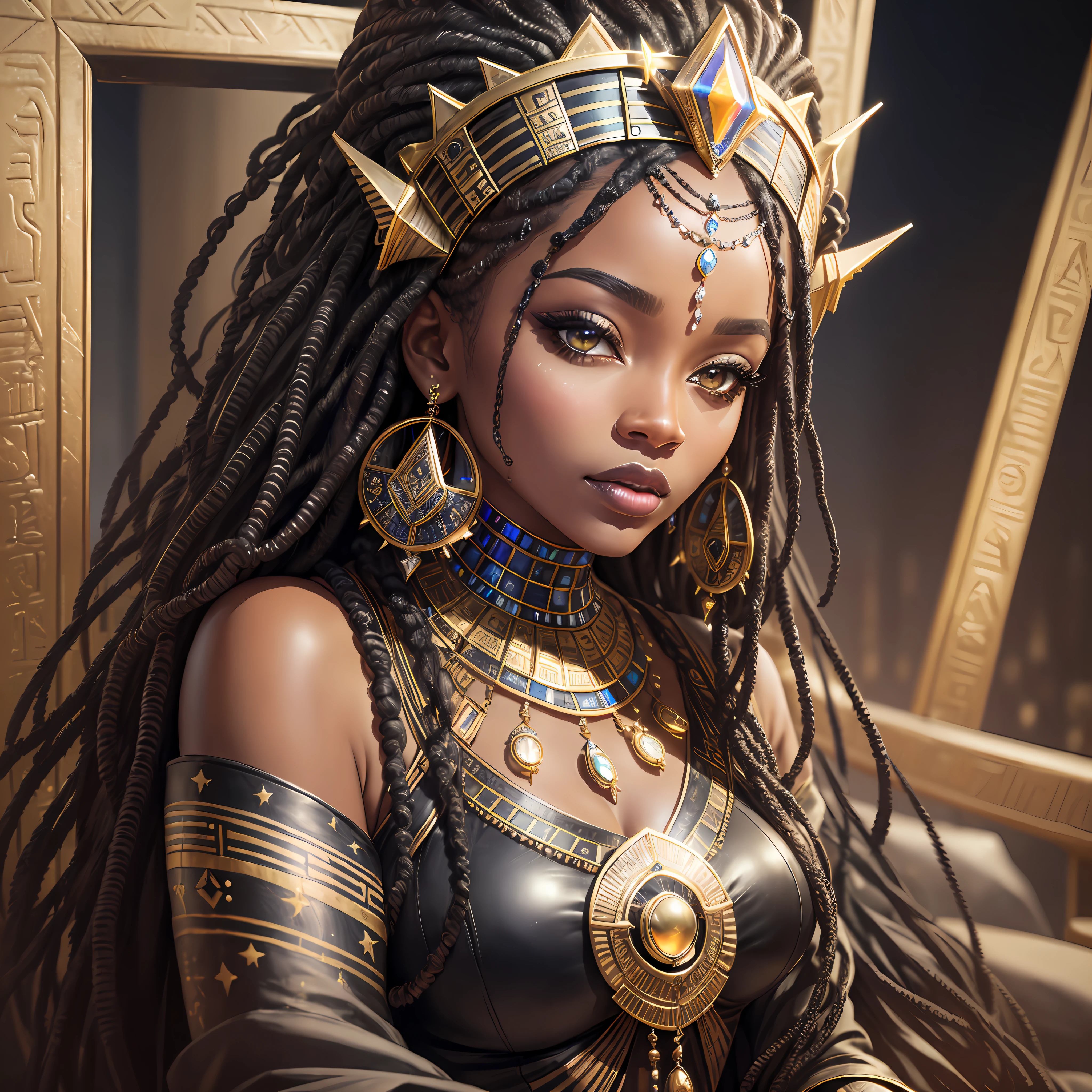 Realistic skin, (((masterpiece)))), realistic clothes, black and silver clothing, lips, eyes, face up close, African queen, 30 years, futuristic egyptian clothes, pyramids with neon, night listen, realistic sky, stars, woman with dreads, gold, jewelry, sitting on a throne full of jewels
