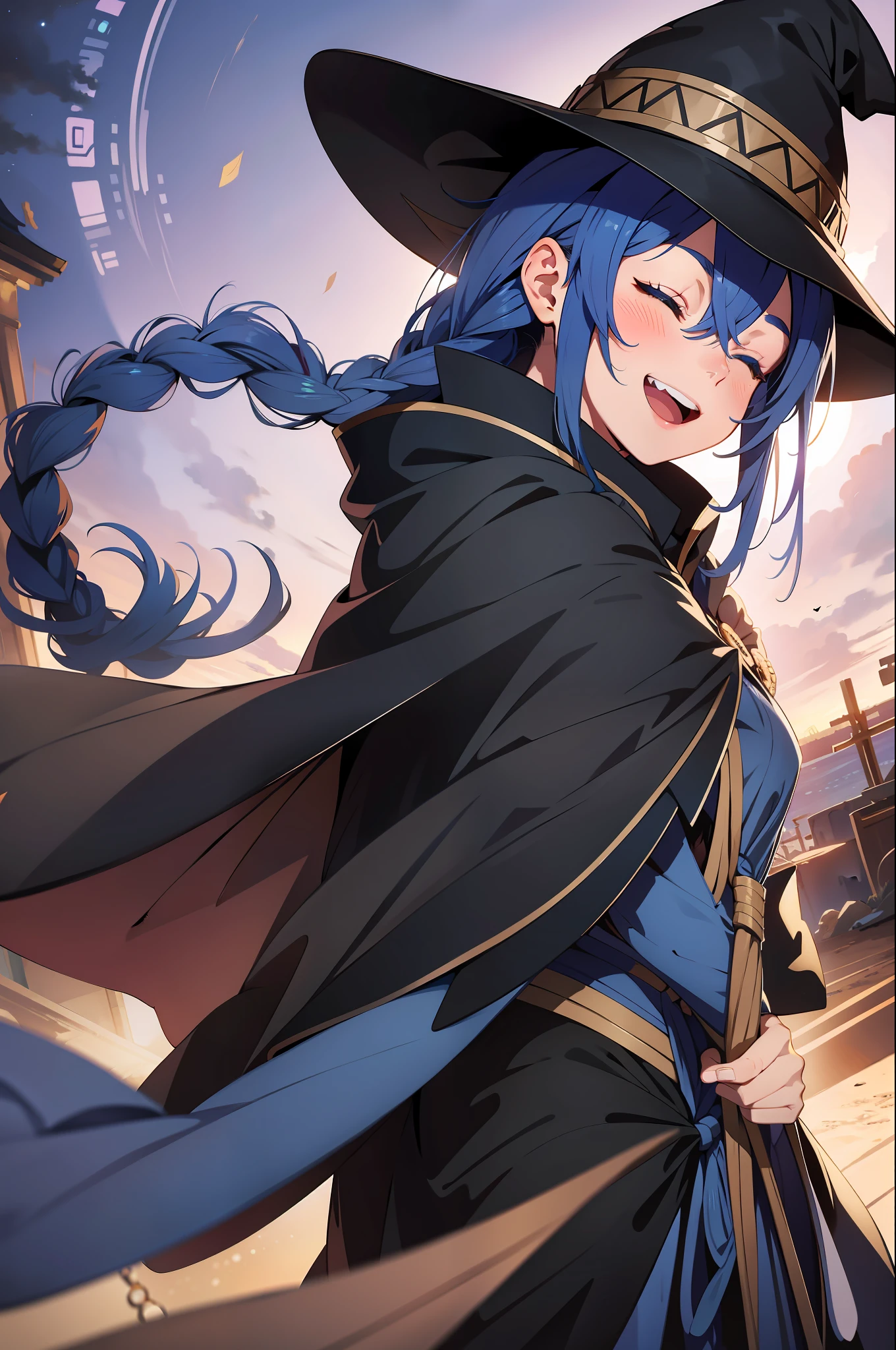roxy migurdia, masterpiece, best quality, very detailed background, hands on own cheeks, open mouth, eyes closed, clenched teeth, smile, arms behind back, bangs, black headwear, blue eyes, blue hair, braid, brown cape, cape, floating hair, hair between eyes, hat, long hair, witch hat