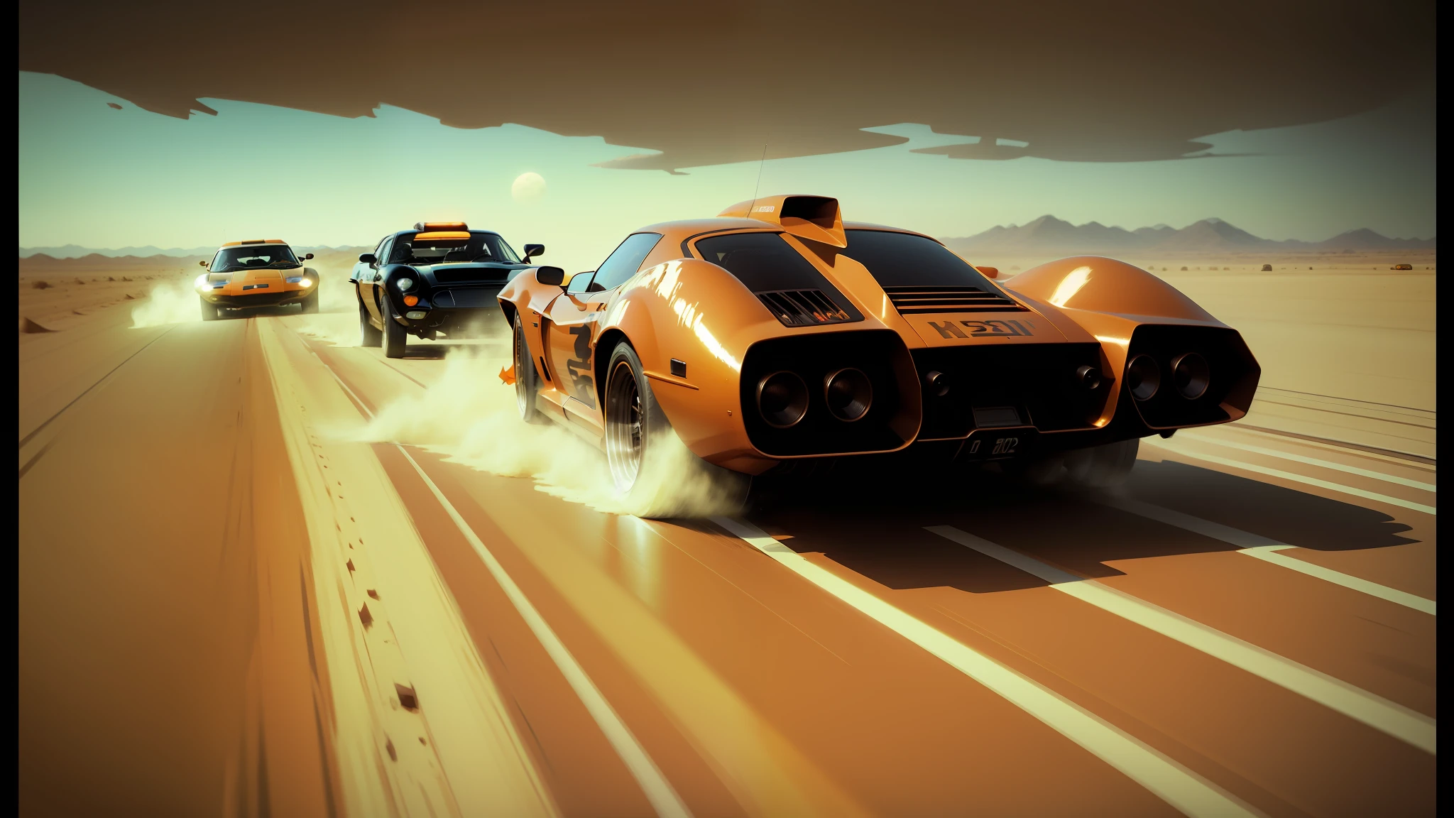 there are three cars that are racing on a desert road, syd mead and mark brooks, houdini vfx, orange body, c4, seventies, trending on interfacelift, miura, thunders, dune, high graphics, orange demons, combine, by Arnold Brügger, 7 0 - s, faster, ps2 graphics --ar 16:9 --auto --s2