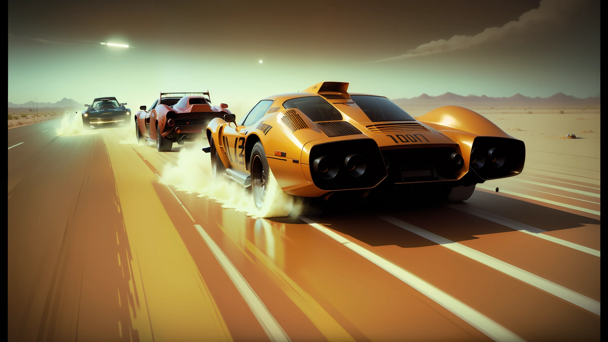 there are three cars that are racing on a desert road, syd mead and mark brooks, houdini vfx, orange body, c4, seventies, trending on interfacelift, miura, thunders, dune, high graphics, orange demons, combine, by Arnold Brügger, 7 0 - s, faster, ps2 graphics --ar 16:9 --auto --s2