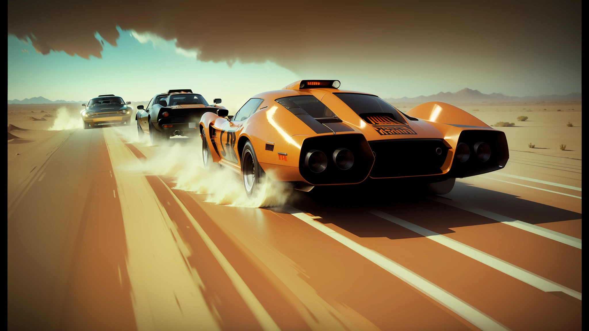 there are three cars that are racing on a desert road, syd mead and mark brooks, houdini vfx, orange body, c4, seventies, trending on interfacelift, miura, thunders, dune, high graphics, orange demons, combine, by Arnold Brügger, 7 0 - s, faster, ps2 graphics --ar 16:9 --auto --s2