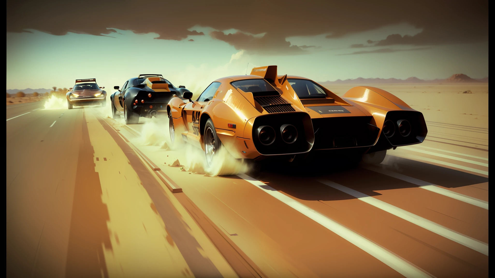 there are three cars that are racing on a desert road, syd mead and mark brooks, houdini vfx, orange body, c4, seventies, trending on interfacelift, miura, thunders, dune, high graphics, orange demons, combine, by Arnold Brügger, 7 0 - s, faster, ps2 graphics --ar 16:9 --auto --s2