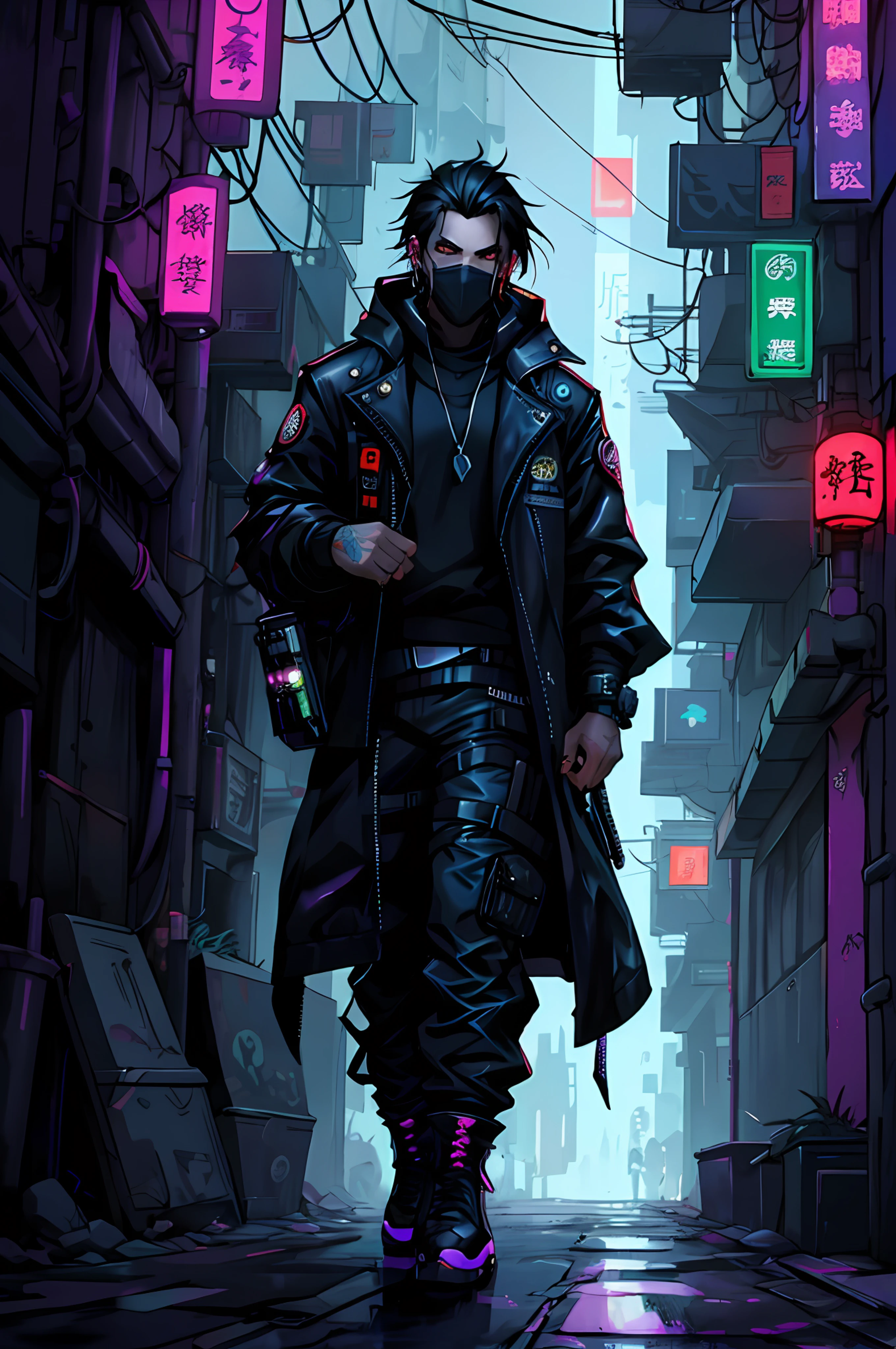 Black hair, Cyberpunk, hit technology. New Noir Style, Cyberpunk Character Art, Cyberpunk Horror Style, Cyberpunk Hero, Has Cyberpunk Style, Cyberpunk Character, Cyberpunk Style, Harry Potter in Cyberpunk, Dark Cyberpunk Illustration, Cyberpunk Noir Cyberpunk Illustration, Cyberpunk Noir Street Goofy, Cyberpunk Character Design, Riddler, Cyberpunk Dude, Cyberpunk Suit, New Cyberpunk, Color The character is purple, black and blue , normal hand skin , upscaling, Japanese oni mask , badass mask ,