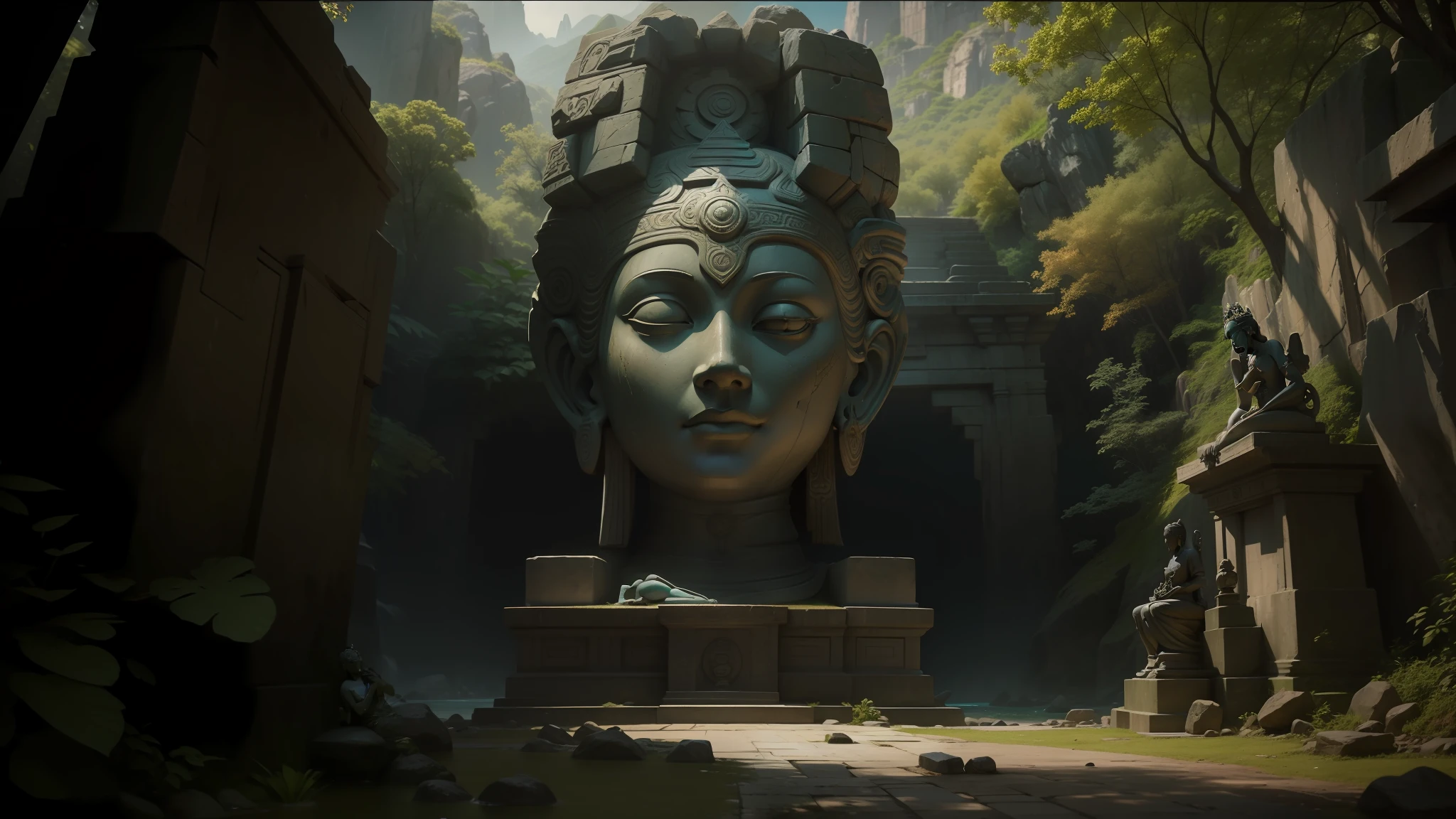 there is a stone statue of a woman sitting on a stone bench, stone eyes, octane. cgsociety, ayahuasca ceremony, bodhisattva, mark mann, 2 0 1 5 cinematography, canon 5d mark iii photo, flat matte art, by Pieter de Grebber, atlantis the lost empire, buddhist art --auto --s2