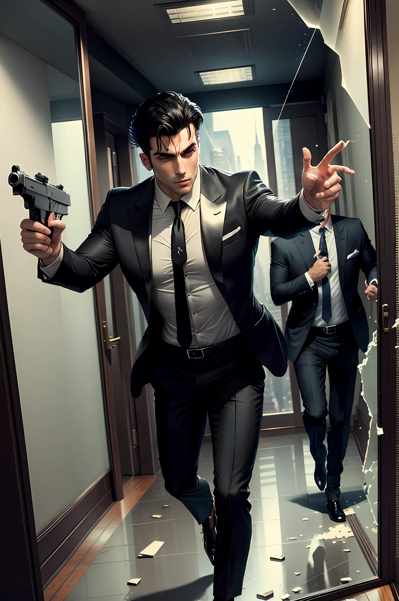 matching shoes, italian male, full body, crashing through a window, broken glass, aiming and firing two beretta 92 pistols, pistol, handgun, male focus, mafia, suit and tie, black hair, clean-shaven, solo, new york city background, brooklyn, film noir atmosphere,