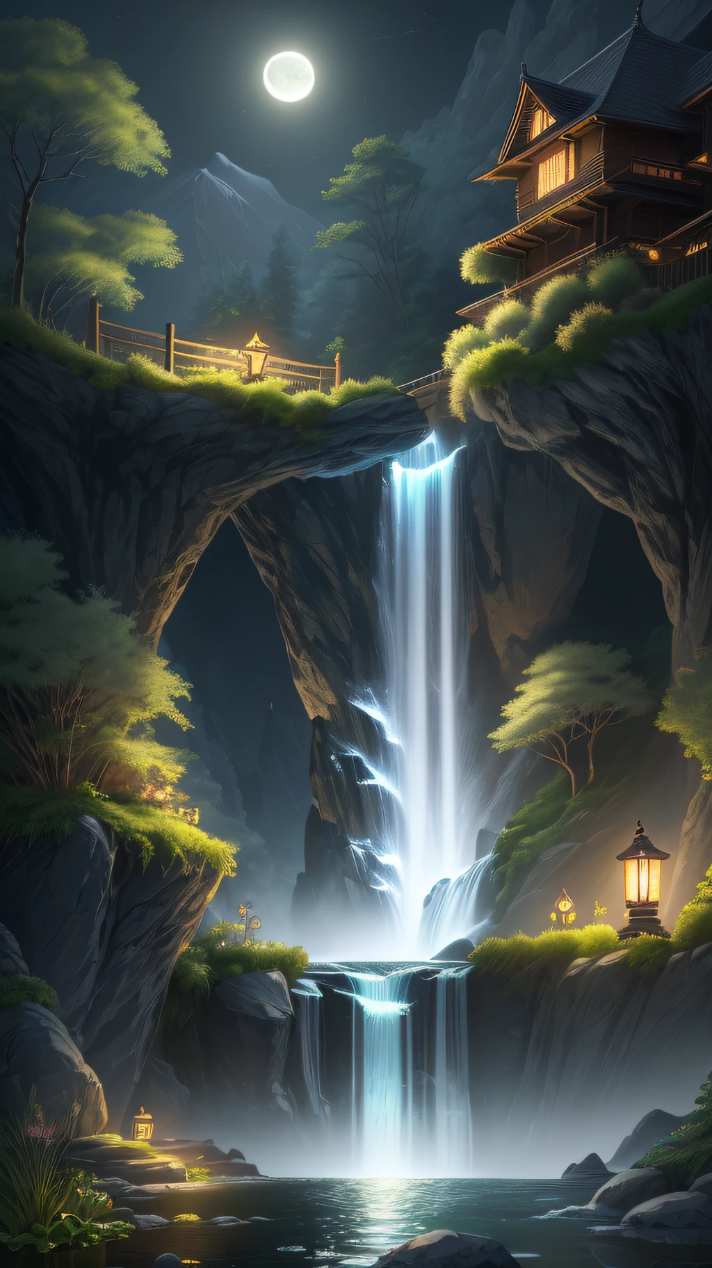 Girl holding a flashlight, moon, midnight, garden, bamboo, lake, stone bridge, ornamental garden, arch, corner, tree, running water, panorama, outdoor, waterfall, meadow, Rock, water lily, hot springs, water vapor, (illustration: 1.0), epic composition, realistic lighting, HD details, masterpiece, best quality, (8k unified CG wallpaper very detailed), (unified CG 8k wallpaper very detailed), (unified wallpaper CG 8k very detailed), (unified wallpaper CG very detailed wallpaper 8k), wallpaper (best quality)