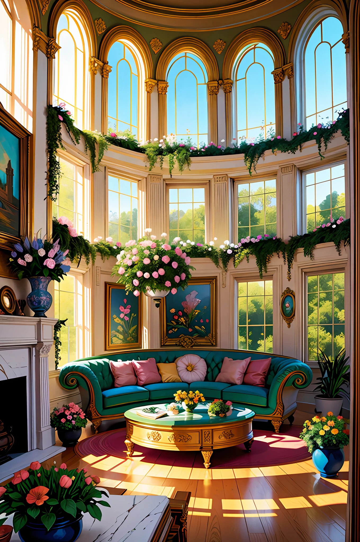 (Comic Style:0.77), (Line Art:0.77), Architectural digest photo of a maximalist green solar living room with lots of flowers and plants, golden light, hyperrealistic surrealism, award winning masterpiece with incredible details, epic stunning pale pink surrounding and round corners, big windows, (no people|no humans),