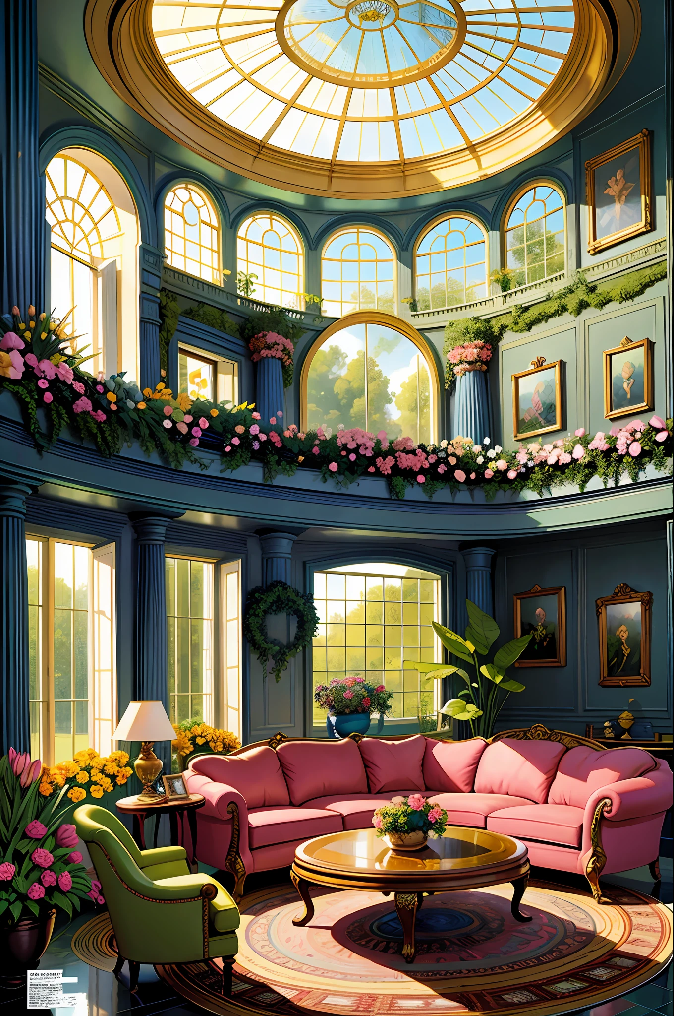 (Comic Style:0.77), (Line Art:0.77), Architectural digest photo of a maximalist green solar living room with lots of flowers and plants, golden light, hyperrealistic surrealism, award winning masterpiece with incredible details, epic stunning pale pink surrounding and round corners, big windows, (no people|no humans),