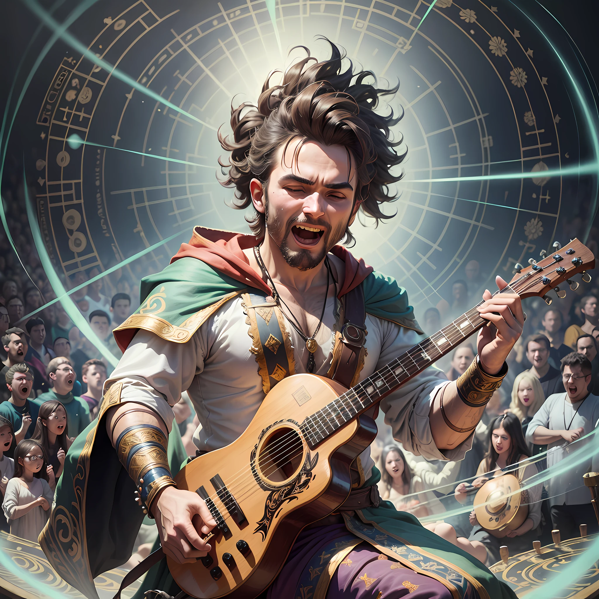 Create an image of a mystical bard playing violation to a large audience, from his musical instrument, comes out an aura of energy that infects the audience. Everyone is happy and singing.   More realistic hair, the audience should wear medieval clothes --auto --s2