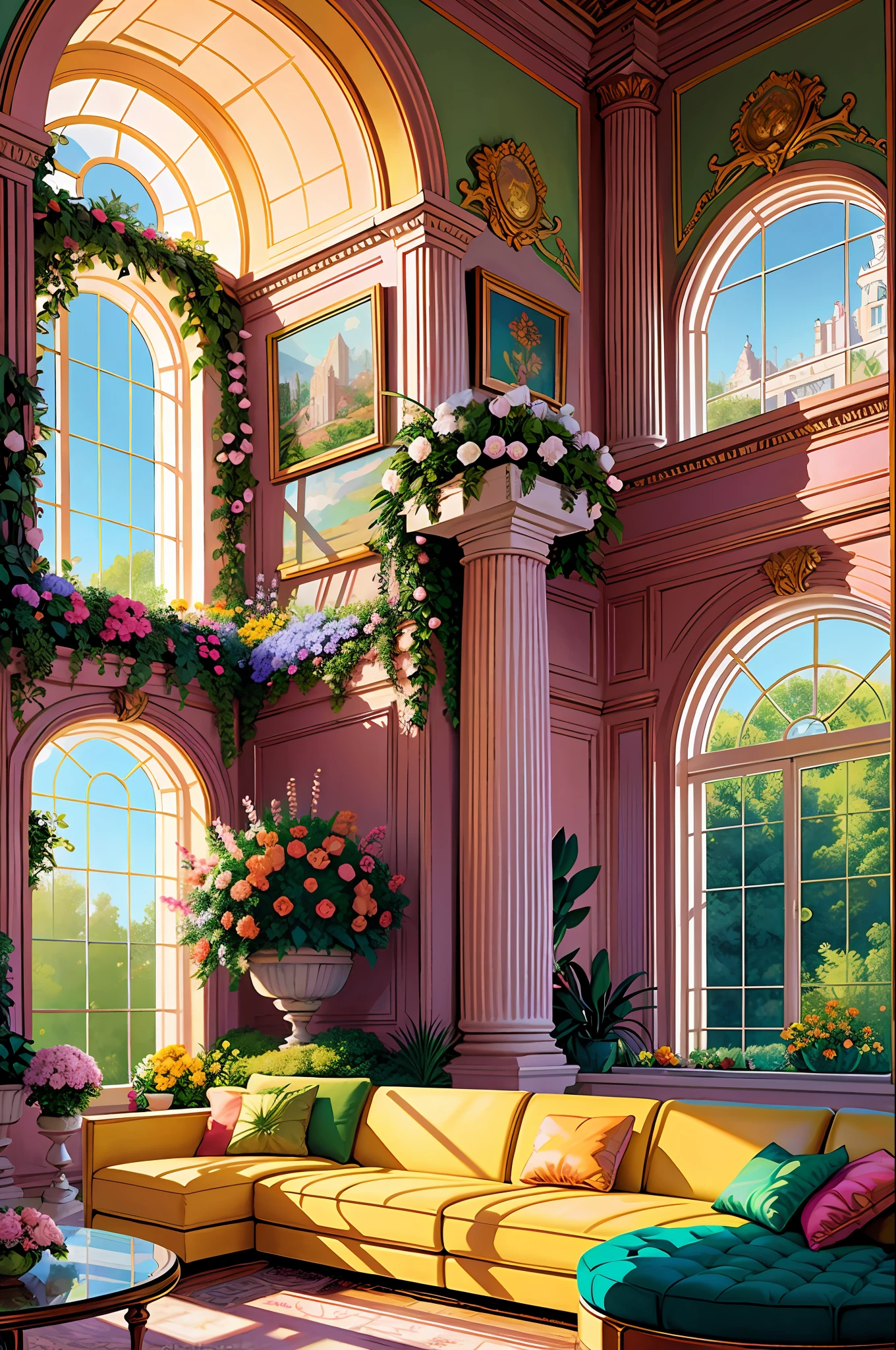 (Comic Style:0.77), (Line Art:0.77), Architectural digest photo of a maximalist green solar living room with lots of flowers and plants, golden light, hyperrealistic surrealism, award winning masterpiece with incredible details, epic stunning pale pink surrounding and round corners, big windows, (no people|no humans),