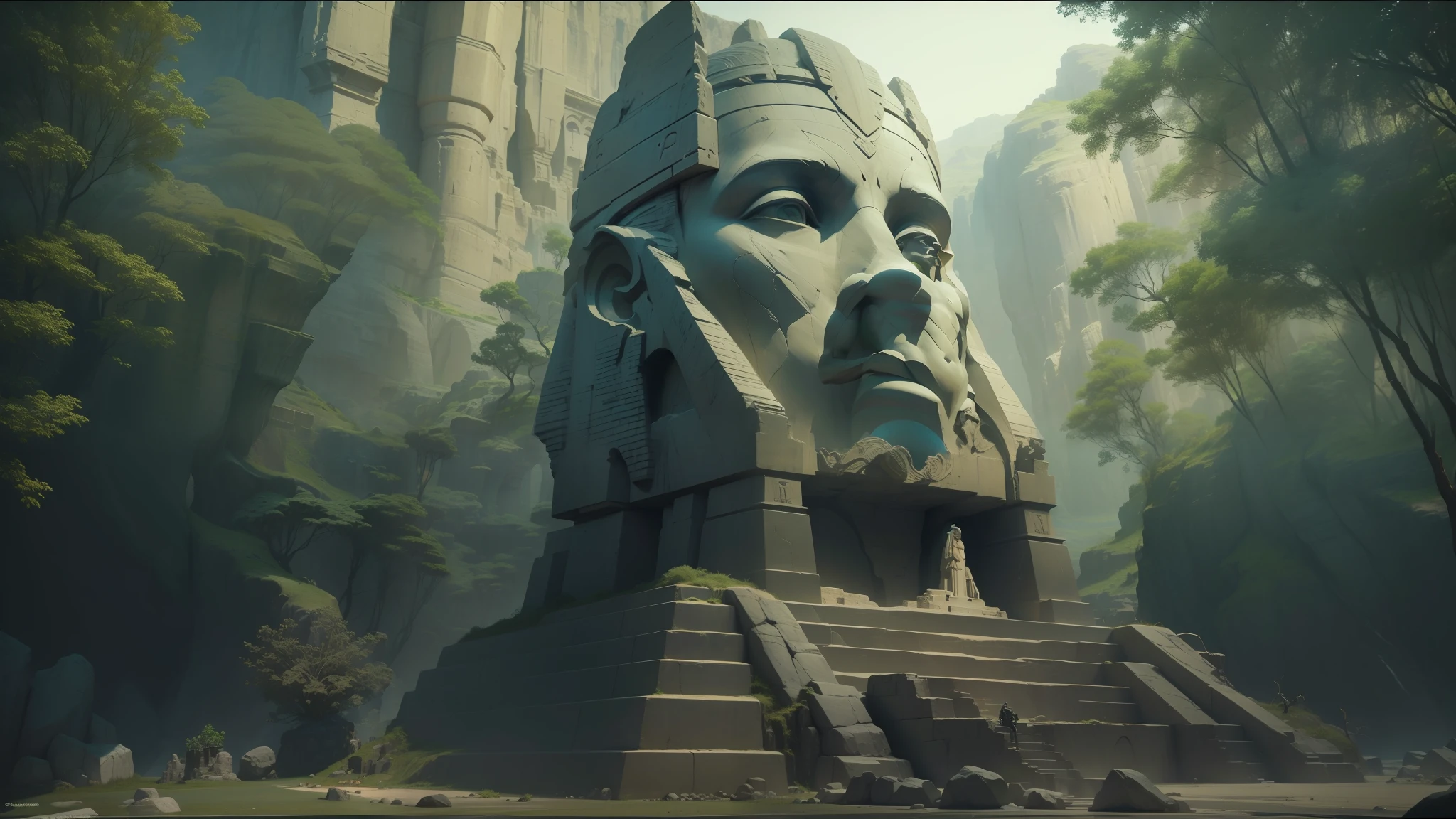 stone arafed statue of a man standing in a narrow cave, stone eyes, cinematography by denis villeneuve, sphinx in the distance, union (2012), stillage from a music video, secret society of the emperor, by youssef howayek, detailed terrain texture, shot in imax, blocktober, tombs --auto --s2