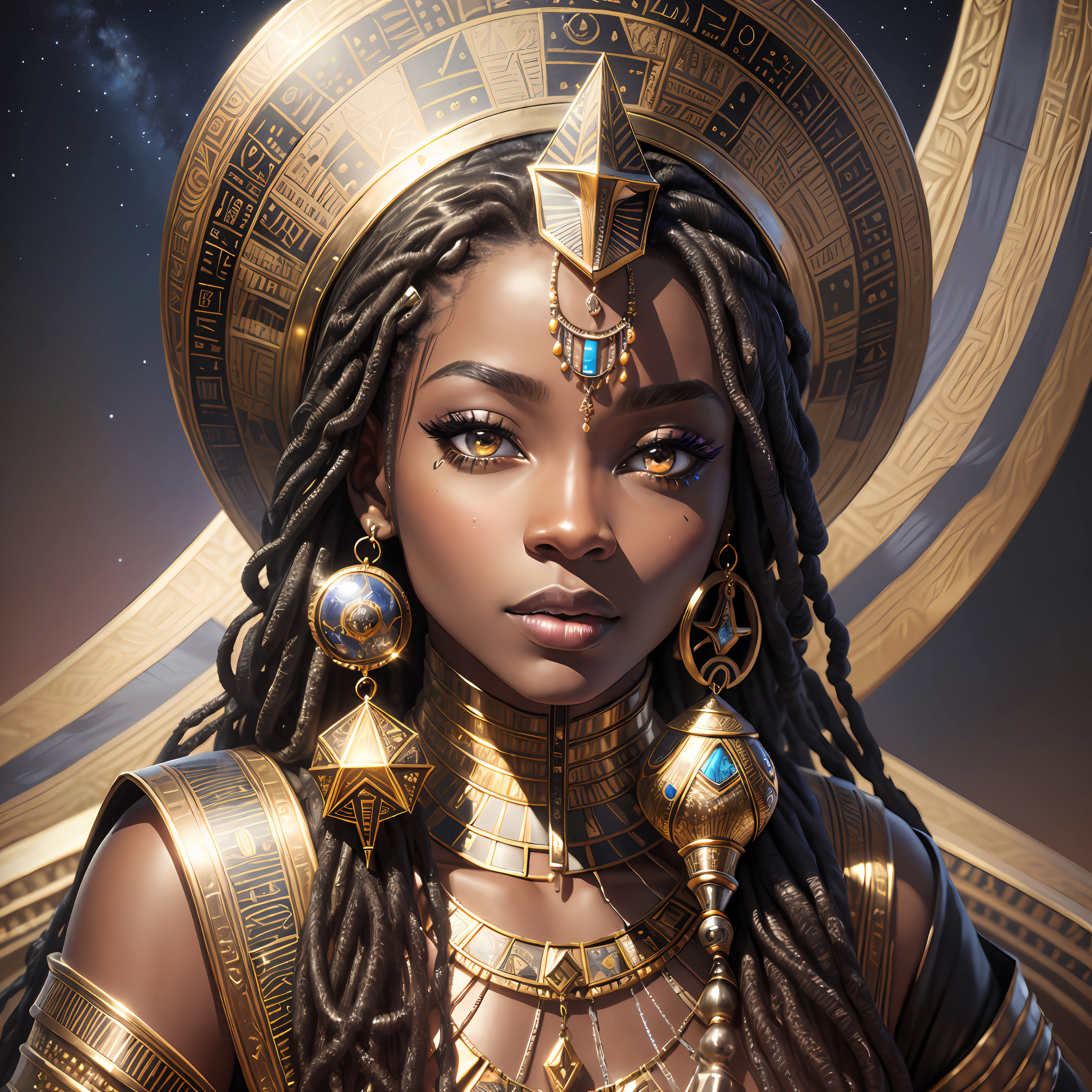 Realistic skin, (((masterpiece)))), realistic clothes, black and silver clothing, lips, eyes, face up close, African queen, 30 years, (1solo), futuristic egyptian clothes, pyramids with neon, night listen, realistic sky, stars, woman with dreads, gold, jewelry, sitting on a throne full of jewels