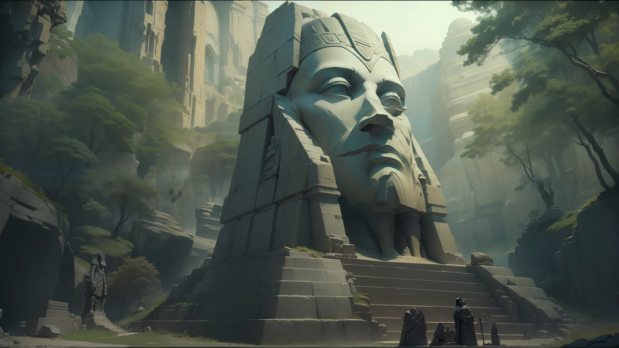 stone arafed statue of a man standing in a narrow cave, stone eyes, cinematography by denis villeneuve, sphinx in the distance, union (2012), stillage from a music video, secret society of the emperor, by youssef howayek, detailed terrain texture, shot in imax, blocktober, tombs --auto --s2