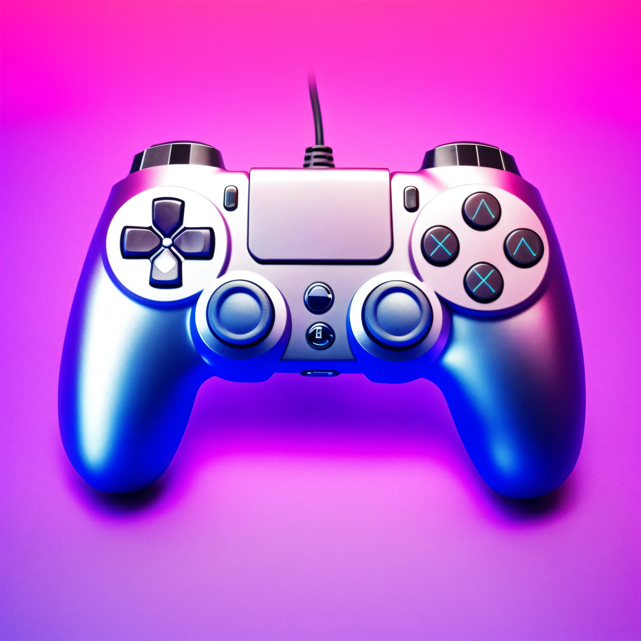 "best quality, masterpiece, highly detailed representation of a game controller, 3D, pink, silver, blue, metallic, black, minimalist logo design, dynamic view, stunning realism, symbolic control, intense light, powerful shadow, intricate texture."