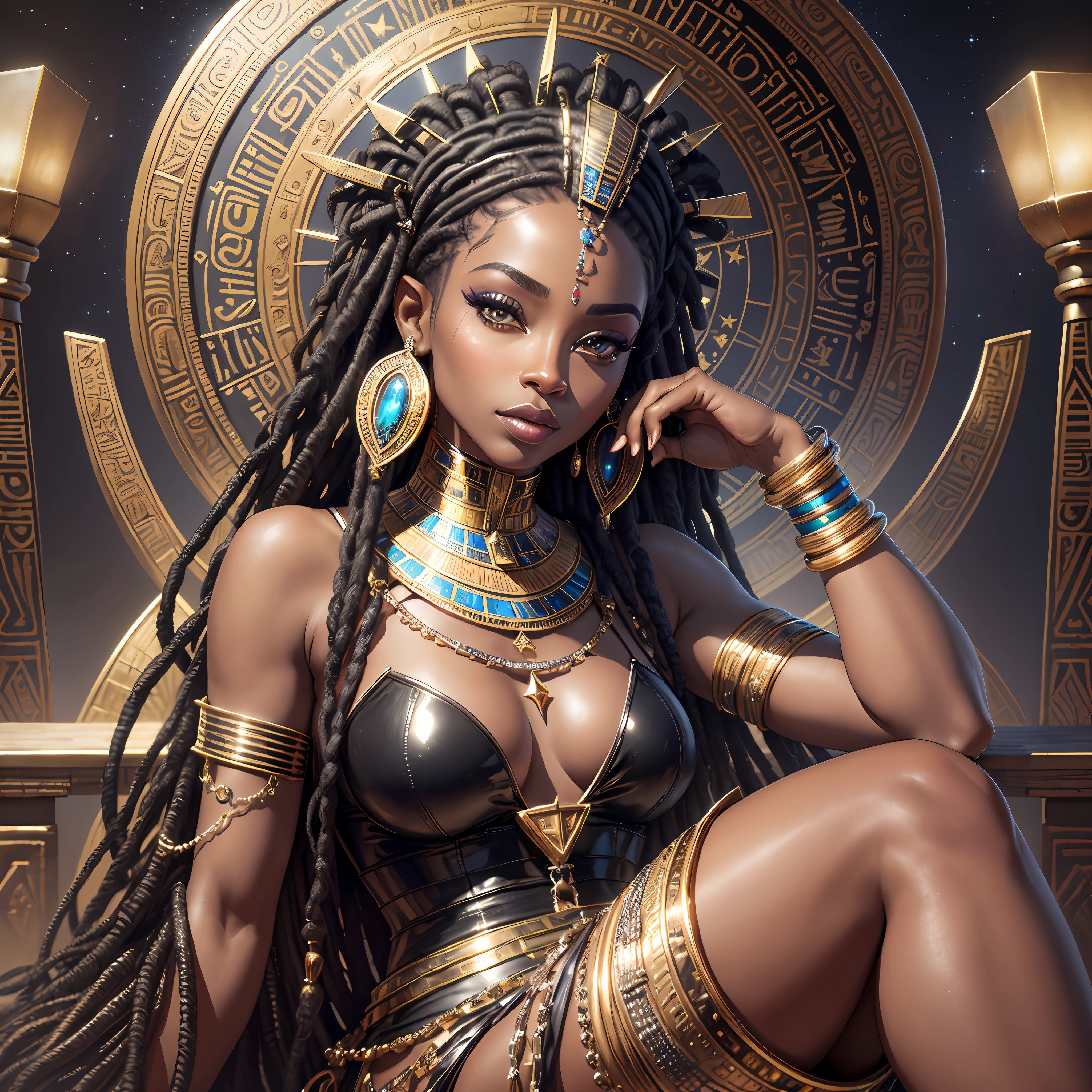 Realistic skin, (((masterpiece)))), realistic clothes, black and silver clothing, lips, eyes, face up close, African queen, 30 years, (1solo), futuristic egyptian clothes, pyramids with neon, night listen, realistic sky, stars, woman with dreads, gold, jewelry, sitting on a throne full of jewels
