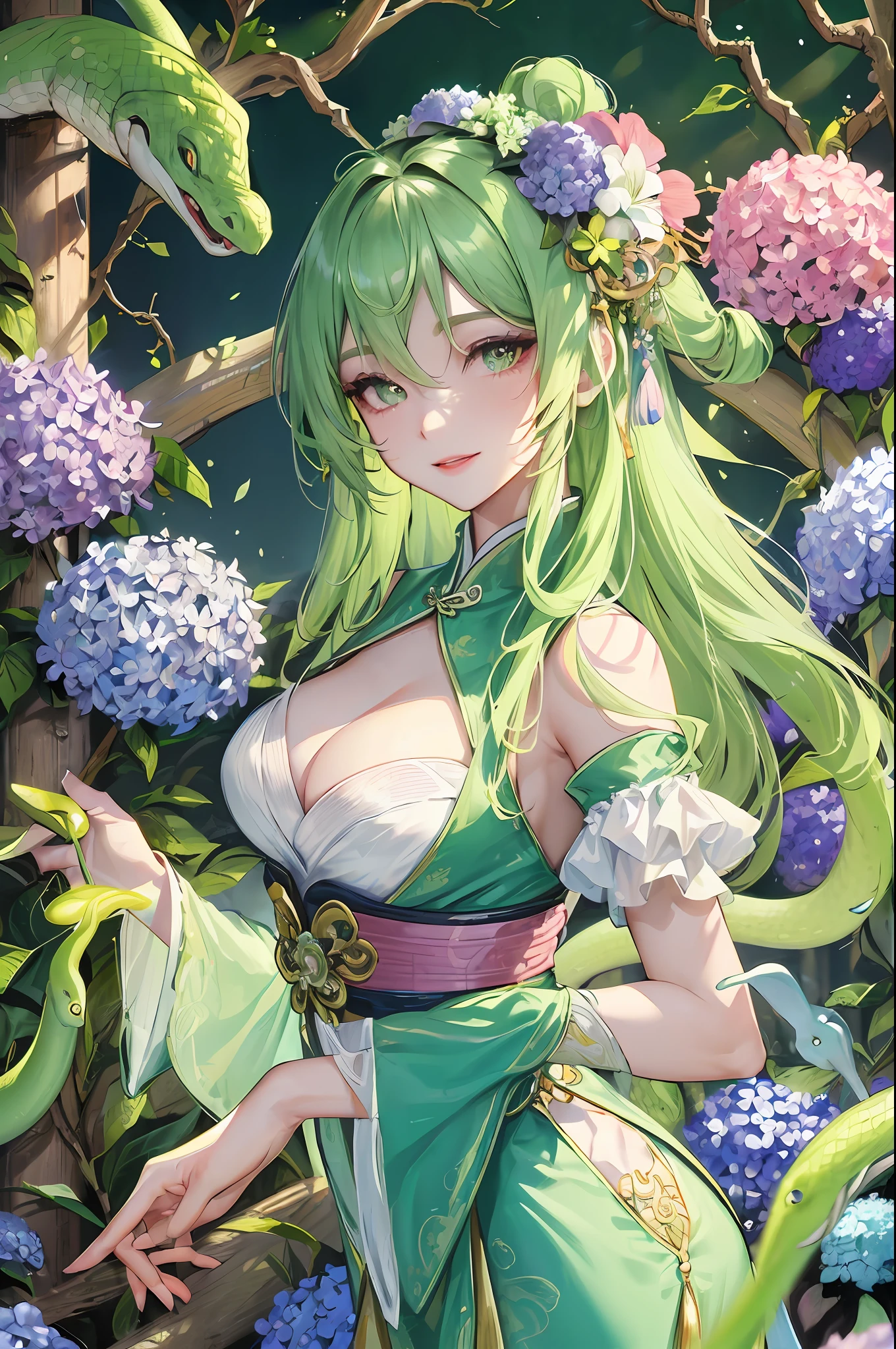 Masterpiece, Superb Night, Full Moon, A Woman, Chinese Style, Ancient, Cyan Clothes, Smile, Double Ball Head, Light Pink Lips, A Green Snake Headed on His Hand, Green Snake Head, Snake Head, Calm, Intellectual, Middle Hair, Green Pupils, Hairpins, Hydrangeas