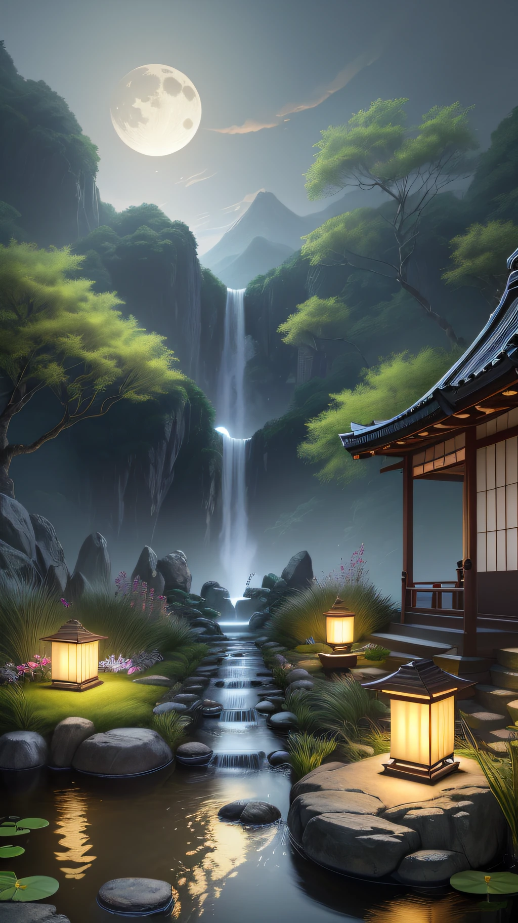 Japanese lanterns, a female character in the middle of the landscape, moon, midnight, garden, bamboo, lake, stone bridge, ornamental garden, arch, corner, tree, running water, panorama, outdoor, waterfall, meadow, Rock, water lily, hot springs, water vapor, (illustration: 1.0), epic composition, realistic lighting, HD details, masterpiece, the best quality, (8k unified CG wallpaper very detailed), (unified wallpaper CG 8k very detailed), (unified wallpaper CG 8k very detailed), (unified wallpaper CG very detailed wallpaper 8k), wallpaper (best quality)