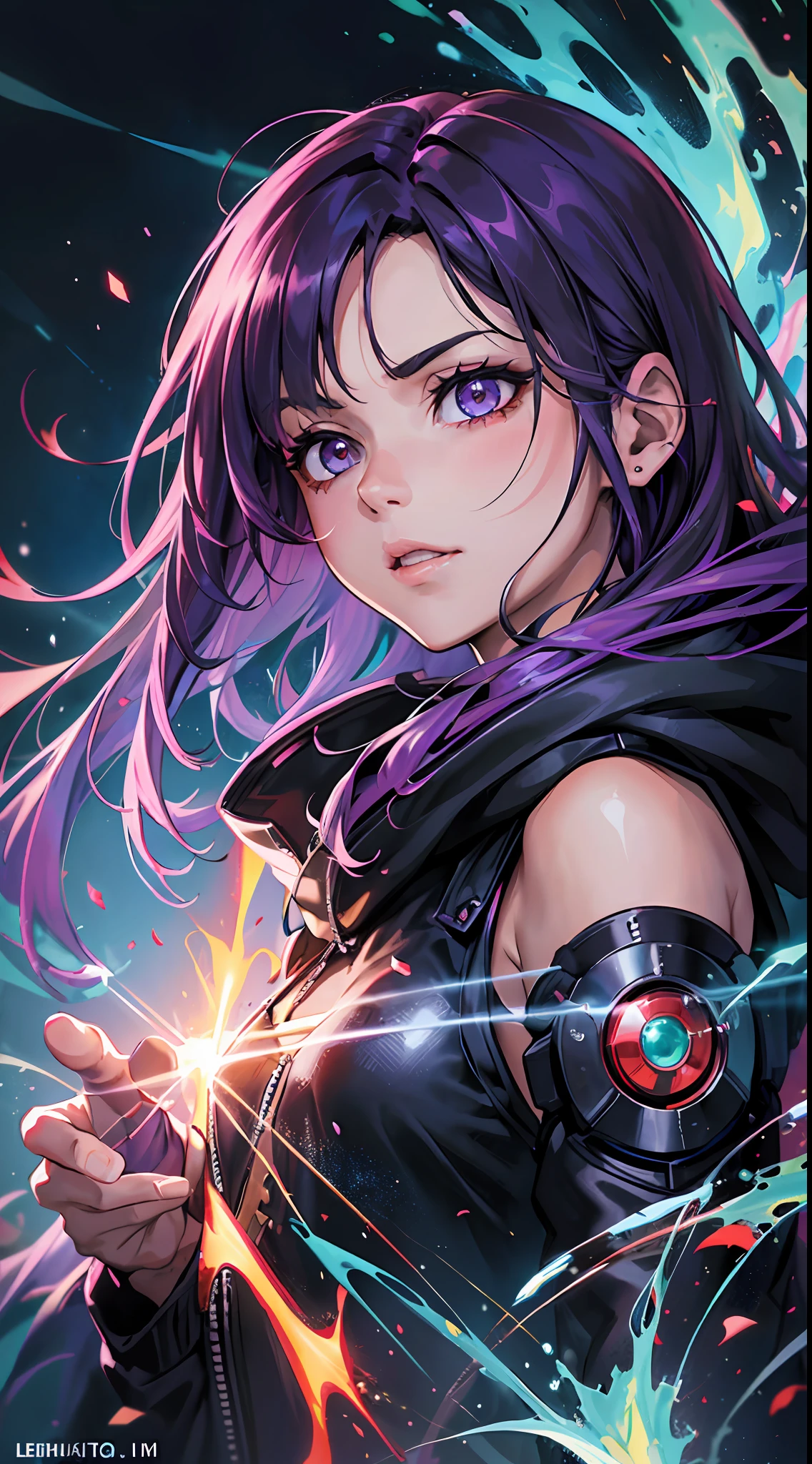 (Masterpiece) (best quality) (high resolution) (tense atmosphere) extremely complex, vivid colors and contractors, stunning girl floating with an aura holding sickle, light rain, hood, epic scenery, bandaged arms and legs, cosmic sky, wearing a torn over all, serious look, mouth half open, green flames coming out of the eyes, blinding flames, red spots on the face, cyberpunk city, long dark purple hair, immersive and detailed scenery, currents