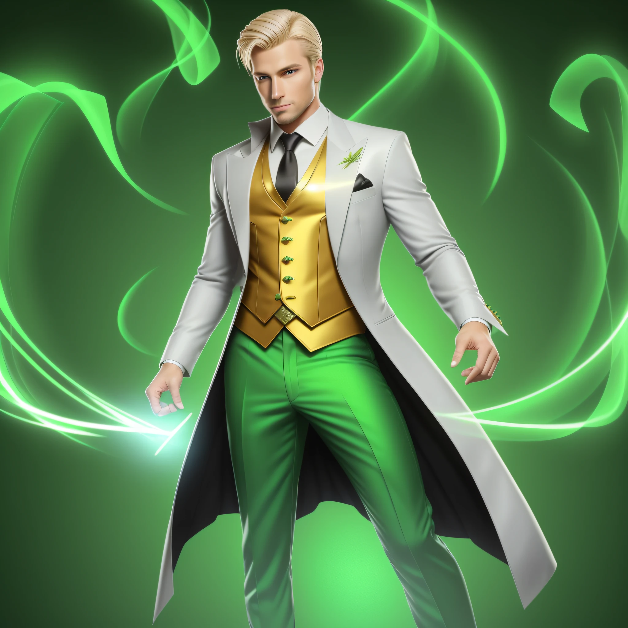 magician, high quality, handsome man, single man, green aura around, very handsome man, blond hair, green eyes, realistic, 8k, high resolution, full body, clear graphics, detailed skin drawing, standing upright, very handsome single man in his thirties, photo portrait, just like a real man, more detailed, perfect facial features