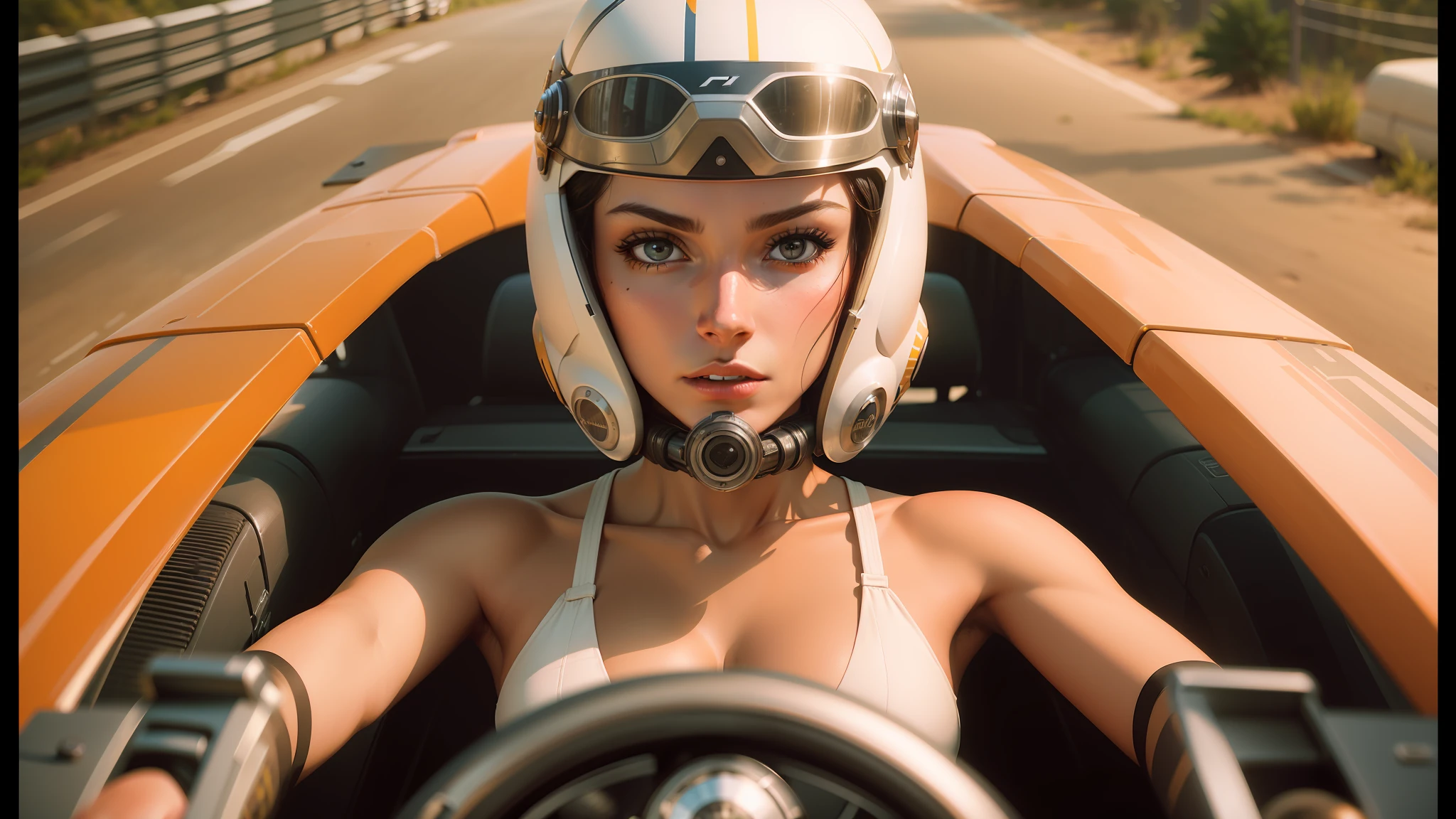 arafed woman in a helmet driving a car with a steering wheel, cinematic cgsociety, pod racer, charli bowater and artgeem, artgerm and patrick demarchelier, vintage race footage, promotional images, furious gorgeous woman, speedy aircraft, inspired by Oleg Lipchenko, cinemascope, miles johnstone --ar 16:9 --auto --s2