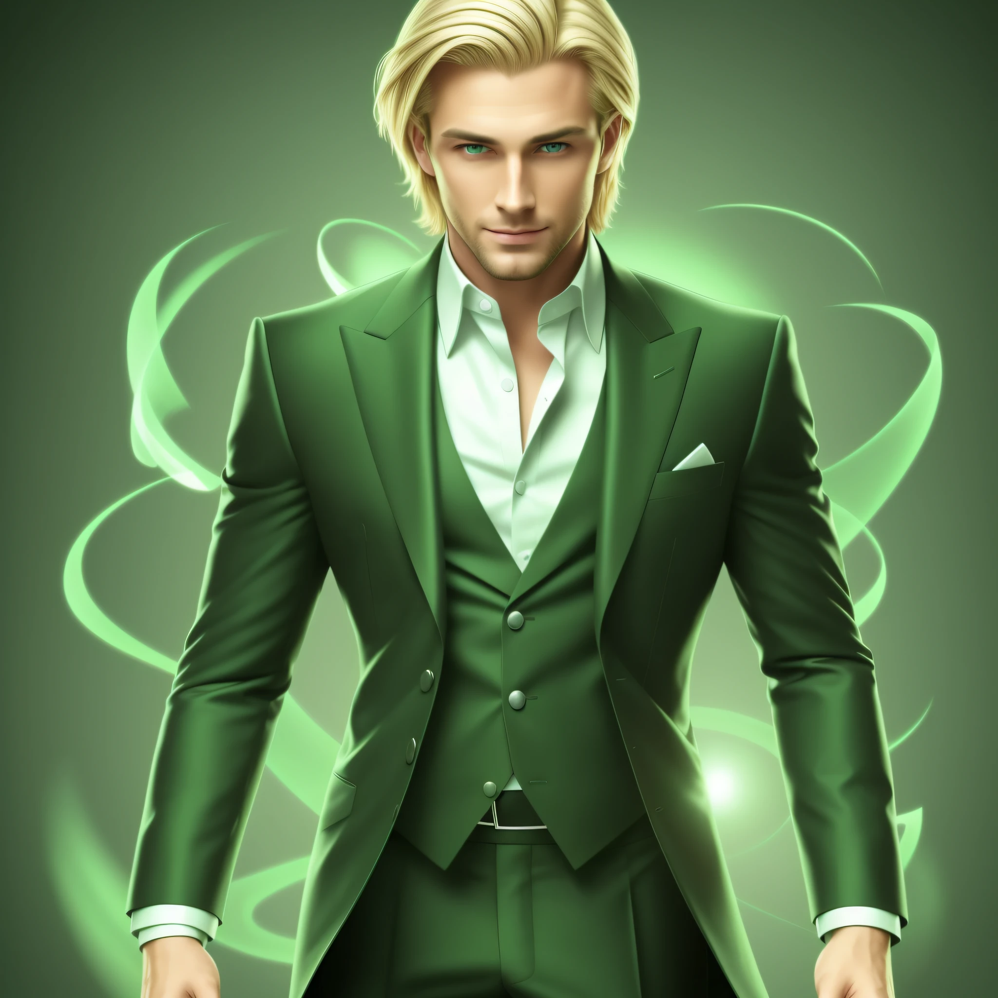 magician, high quality, handsome man, single man, green aura around, very handsome man, blonde hair, green eyes, realistic, 8k, high resolution, full body, clear graphics, detailed skin drawing, standing upright, very handsome single man in his thirties, photo portrait, very handsome and realistic man, full body, beautiful hands, full-length, standing upright