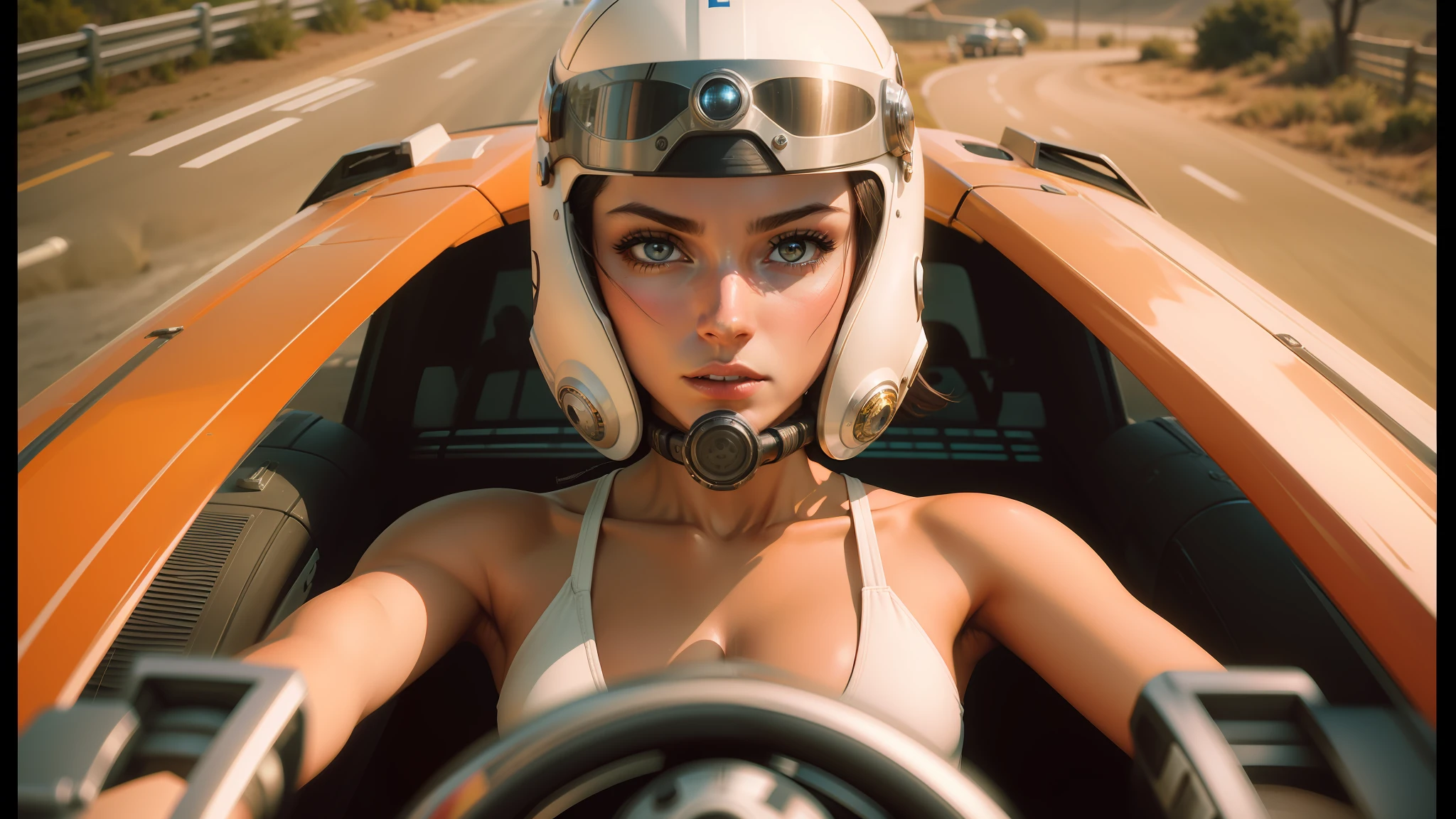 arafed woman in a helmet driving a car with a steering wheel, cinematic cgsociety, pod racer, charli bowater and artgeem, artgerm and patrick demarchelier, vintage race footage, promotional images, furious gorgeous woman, speedy aircraft, inspired by Oleg Lipchenko, cinemascope, miles johnstone --ar 16:9 --auto --s2