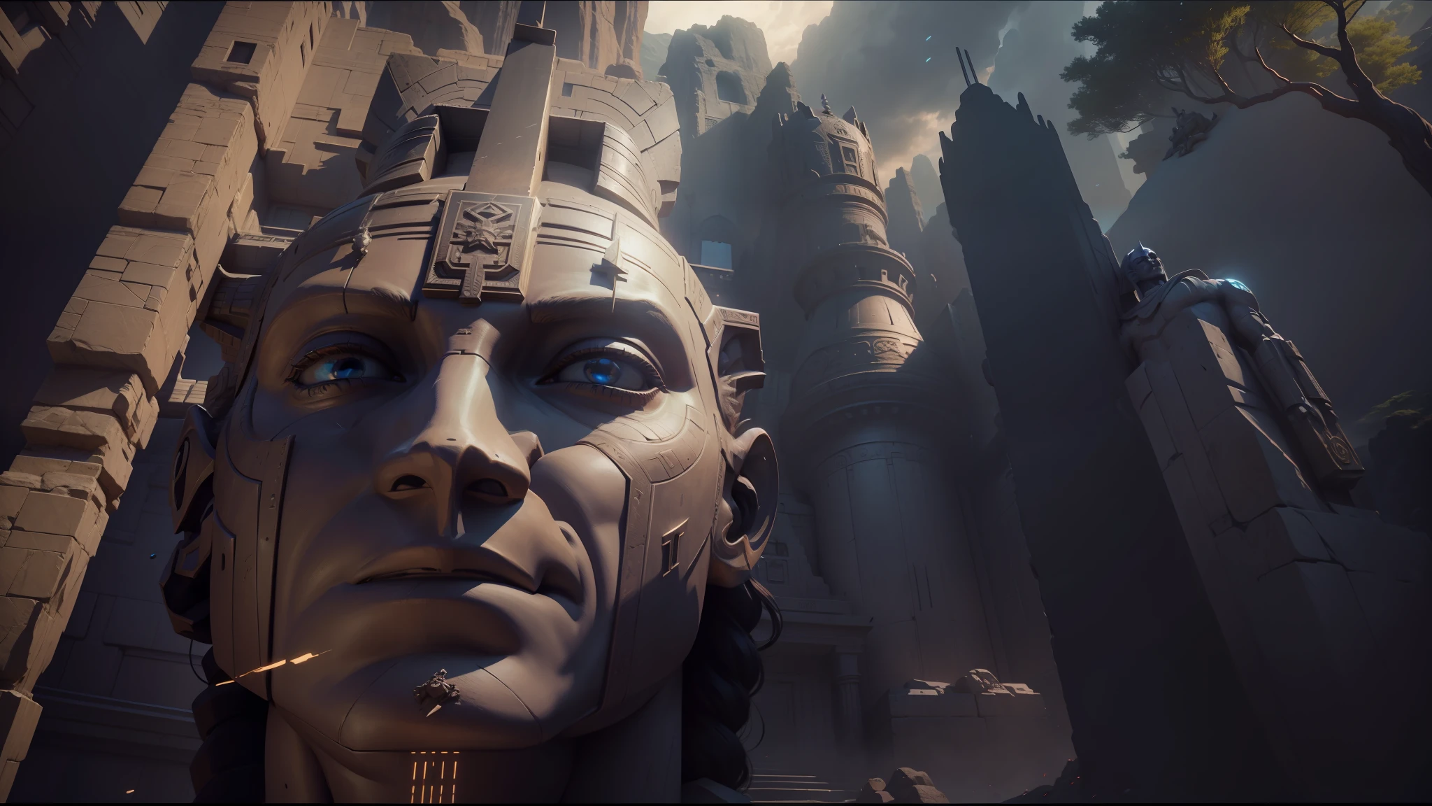 there is a large stone statue of a man with a cross on his head, stone eyes, beeple and mike winkelmann, giant aztec spaceship, 2 0 2 1 cinematic 4 k framegrab, anato finnstark. perfect faces, sphinx in the distance, silk road cinematic landscape, neal asher sci-fi, head of anubis, comic book:.2 | unreal engine:.3 --auto --s2