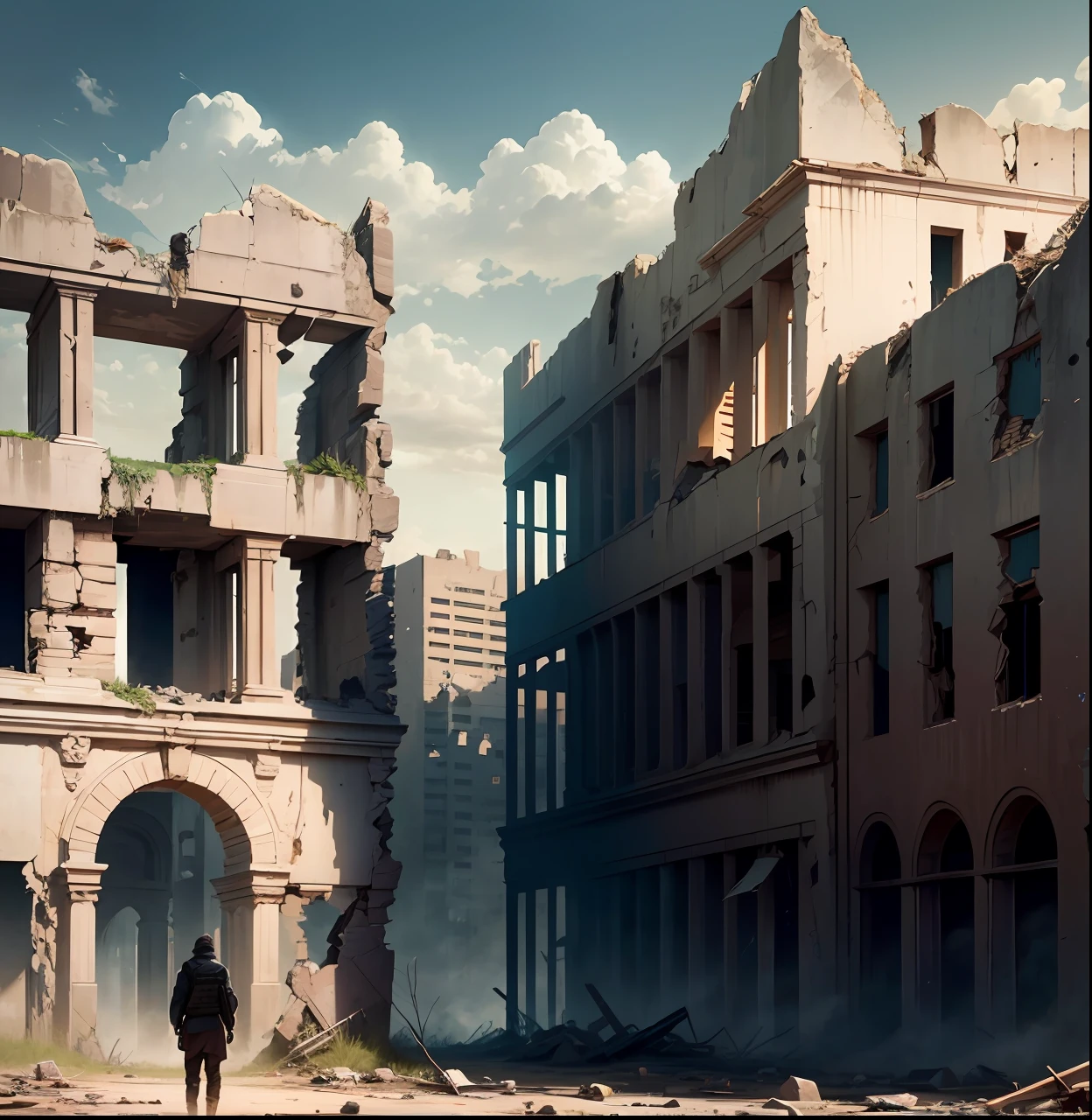 "Amidst the ruins of a once-thriving city, a lone survivor stands strong, determined to find hope in the midst of the apocalypse." --auto --s2