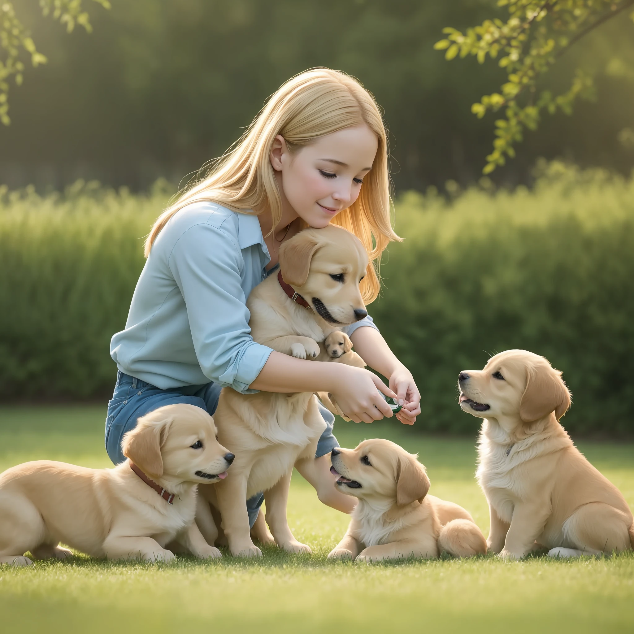 Capture a realistic and endearing moment of a baby crawling on the grass in a park surrounded by adorable golden retriever puppies. The image should convey the innocence and joy of the scene. Utilize professional camera techniques to enhance the realism and visual appeal of the image. Opt for a high-quality camera, such as a Sony Alpha a7 III, paired with a versatile lens like the Sony FE 24-70mm f/2.8 GM, known for its sharpness and ability to capture a wide range of focal lengths. Set the ISO to an appropriate value to ensure optimal image quality while considering the lighting conditions. Choose a moderate aperture like f/4 to maintain a good balance between sharpness and depth of field. Adjust the shutter speed accordingly to freeze the motion of the baby and puppies. Pay attention to the lighting by utilizing natural sunlight to illuminate the scene, capturing the softness and warmth of the moment. Carefully compose the image to showcase the interaction between the baby and the golden retriever puppies, with a focus on their expressions and connection. The resulting image should be a heartwarming and realistic depiction of a baby crawling on the grass, surrounded by playful and adorable golden retriever puppies in a park setting. --auto --s2