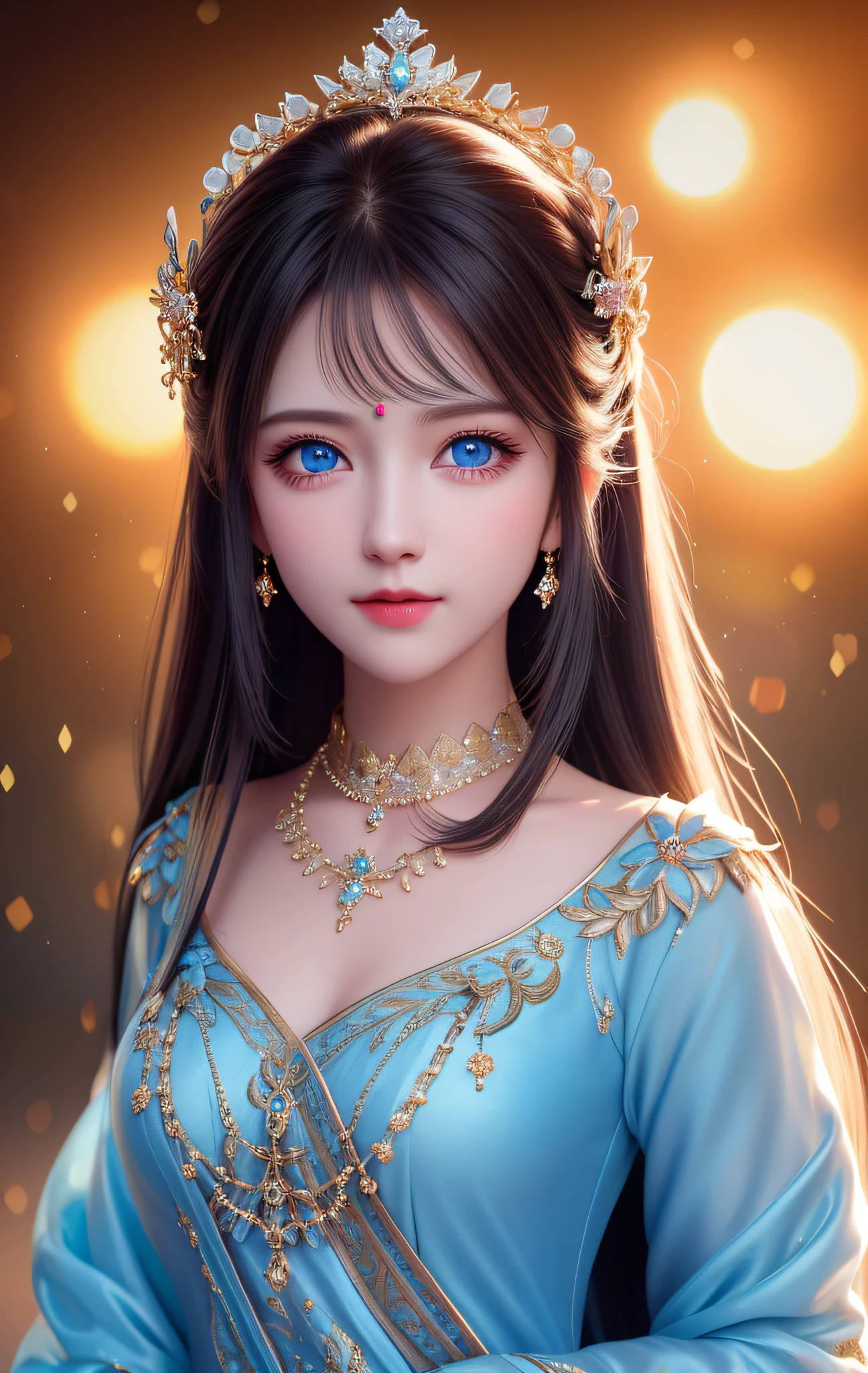 best quality, masterpiece, high resolution, 1girl, royal costumes, crown,necklace,jewelry, long hair, blue eyes, beautiful face,on top of body,tyndall effect,photorealistic,dark studio,rim lighting,two-tone lighting,(highly detailed skin:1.2),8k uhd, Dslr, soft lighting, high quality, volumetric lighting, sincere, photography, high resolution, 4k, 8k, Bokeh