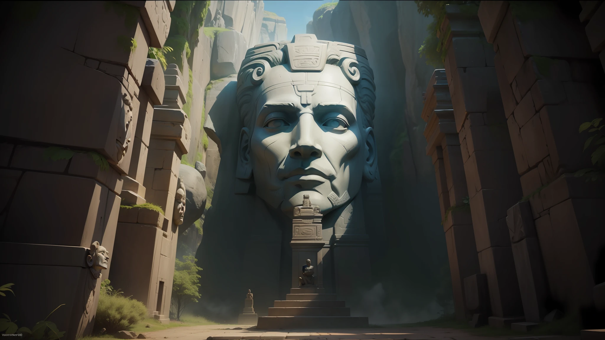 there is a stone statue of a man with a face on it, stone eyes, cinematic still epic, moai, executed temple, inspired by Víctor Manuel García Valdés, official screenshot, African facial features, by Max Švabinský, cinematic animation, island mystic, quetzal, kaladesh, simba --auto --s2