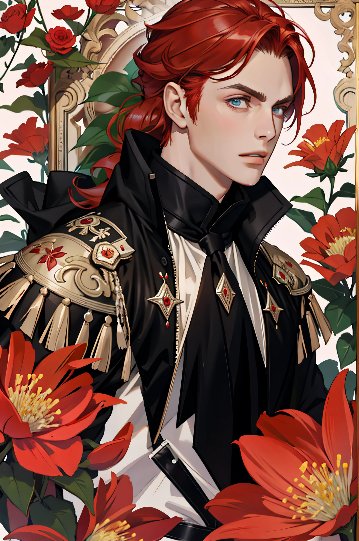 (masterpiece, best quality), 1 male, mature, aged up:1.4, tall muscular guy, broad shoulders, finely detailed eyes and detailed face, extremely detailed CG unity 8k wallpaper, intricate details, Fantasy, red hair, red flowers background