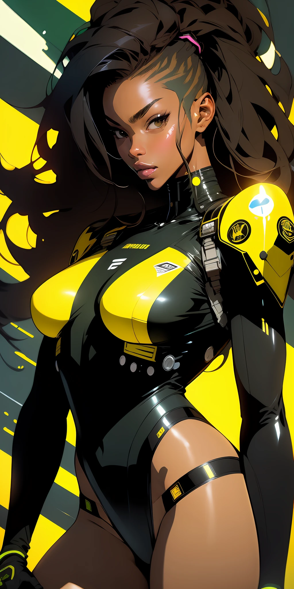 ((Best quality)), ((masterpiece)), (detailed: 1.4), (Absurd), Fighter pilot black woman ready for war, very fleshy mouth, defined muscular sculptural body, half thick naked thighs, closed mouth, very tanned and shiny skin, only in panties, muscular body covered by technological clothing, Neon Genesis Evangelion style, cyberpunk, generous neckline, ((perfect large breasts)), (brown eyes without pupils),  ((black, dark green and yellow clothing)), (((clothing based on the South African flag)))), (((afro hair))), ((splashes of paint on the arms)), long eyelashes, short underwear, garter belt, skin glove and leopard claws, by mucha, niji --V5, close to real, psychopathic, crazy face, sexy pose, background with a giant Gundam-style robot head,  2 piece clothing, shoulder pads, airplane wings on the back, pastel, centered, scale to fit dimensions, HDR (High Dynamic Range),Ray Tracing,NVIDIA RTX,Super-Resolution,Unreal 5,Subsurface dispersion, PBR texture, Post-processing, Anisotropic filtering, Depth of field, Maximum clarity and sharpness, Multilayer textures, Albedo and specular maps, Surface shading, Accurate simulation of light-material interaction, Perfect proportions,  Octane Render, Two-tone lighting, Wide aperture, Low ISO, White balance, Rule of thirds, 8K RAW, crysisnanosuit